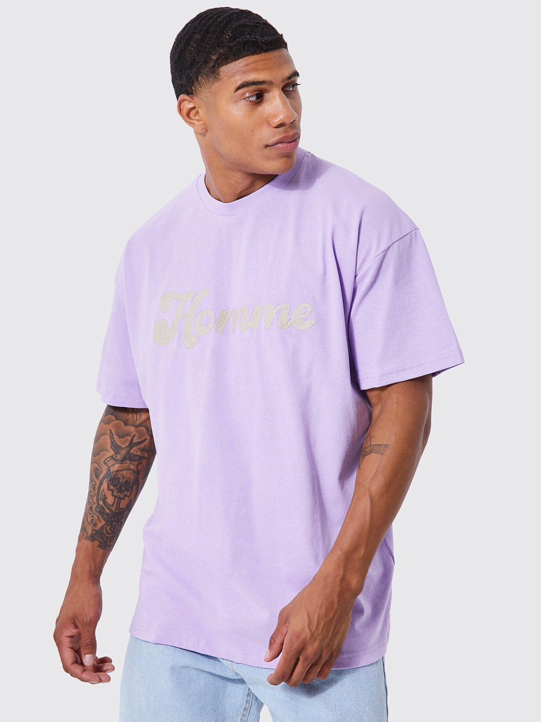 

boohooMANCrochet Drop-Shoulder Sleeves Embroidered Pure Cotton Oversized T-shirt, Lavender