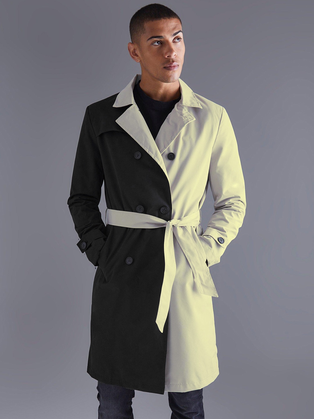 

boohooMAN Colourblocked Cotton Twill Double Breasted Trench Coat, Black