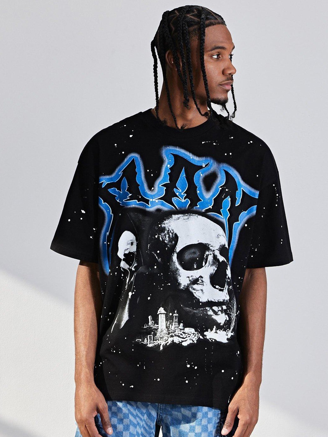 

boohooMAN Printed Pure Cotton Oversized T-shirt, Black