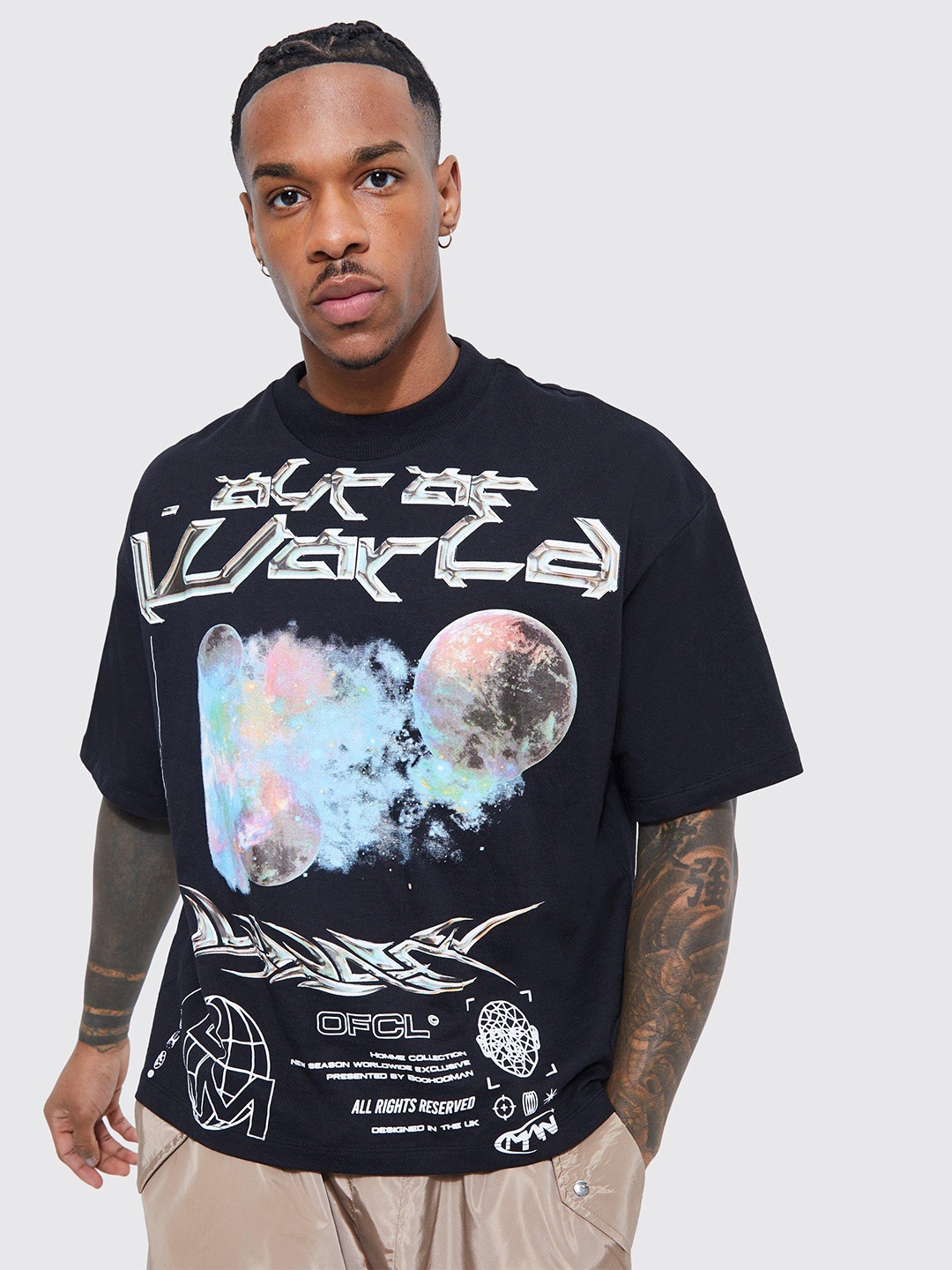 

boohooMAN Printed Oversized Pure Cotton T-shirt, Black