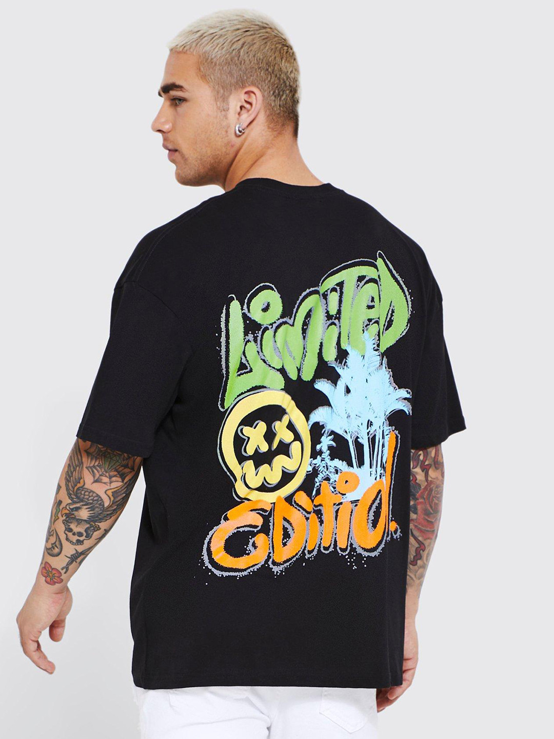

boohooMAN Oversized Limited Edition Graffiti Printed Drop-Shoulder Sleeves Cotton T-shirt, Blue