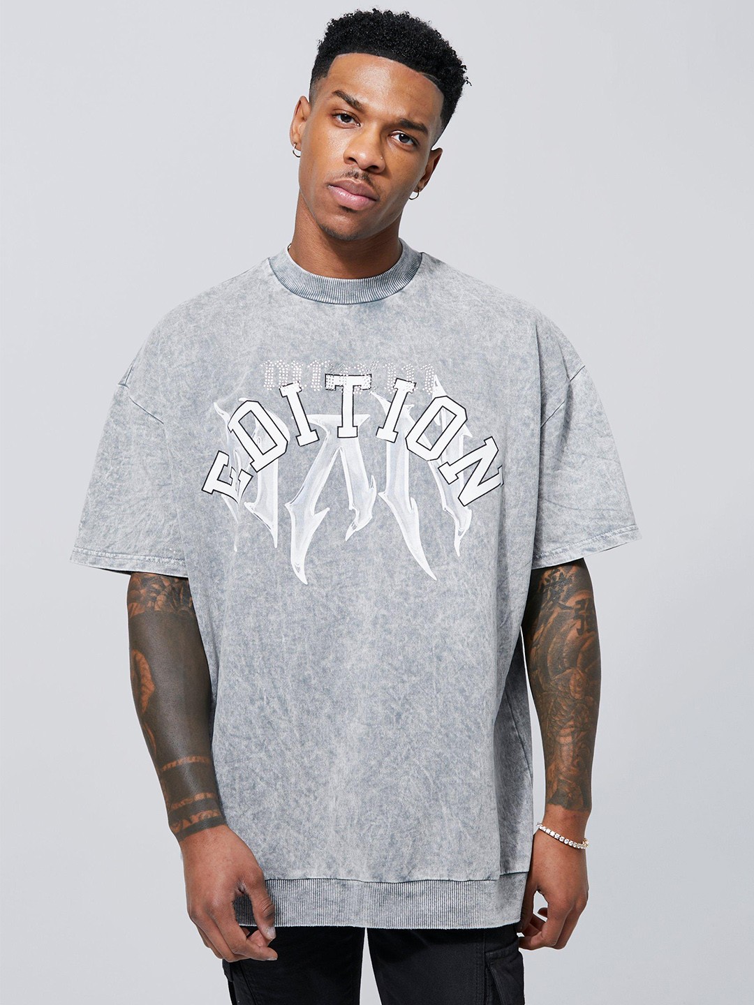 

boohooMAN Typography Print Acid Wash Cotton Oversized T-shirt, Grey
