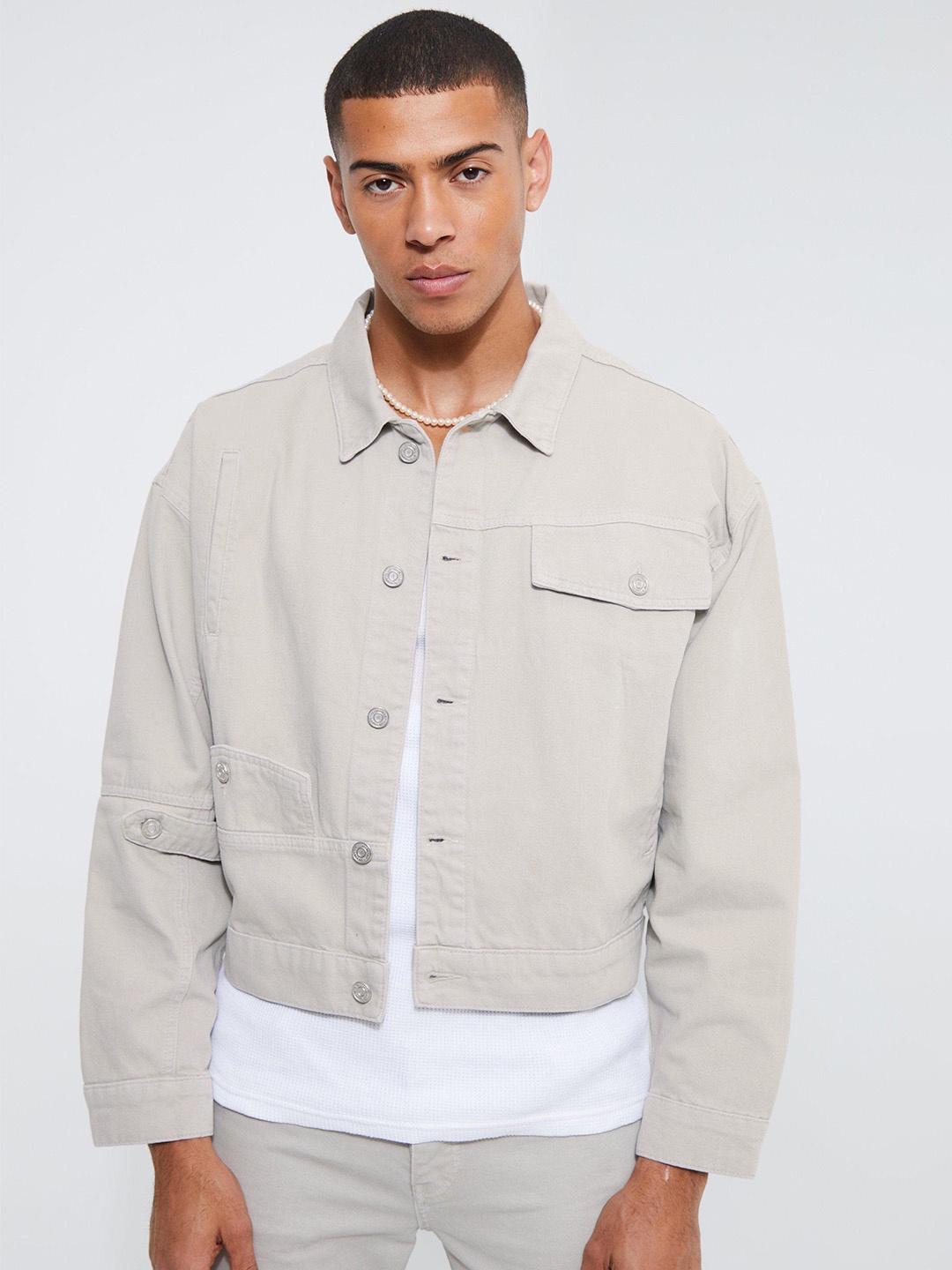 

boohooMAN Cotton Denim Trucker Jacket, Grey
