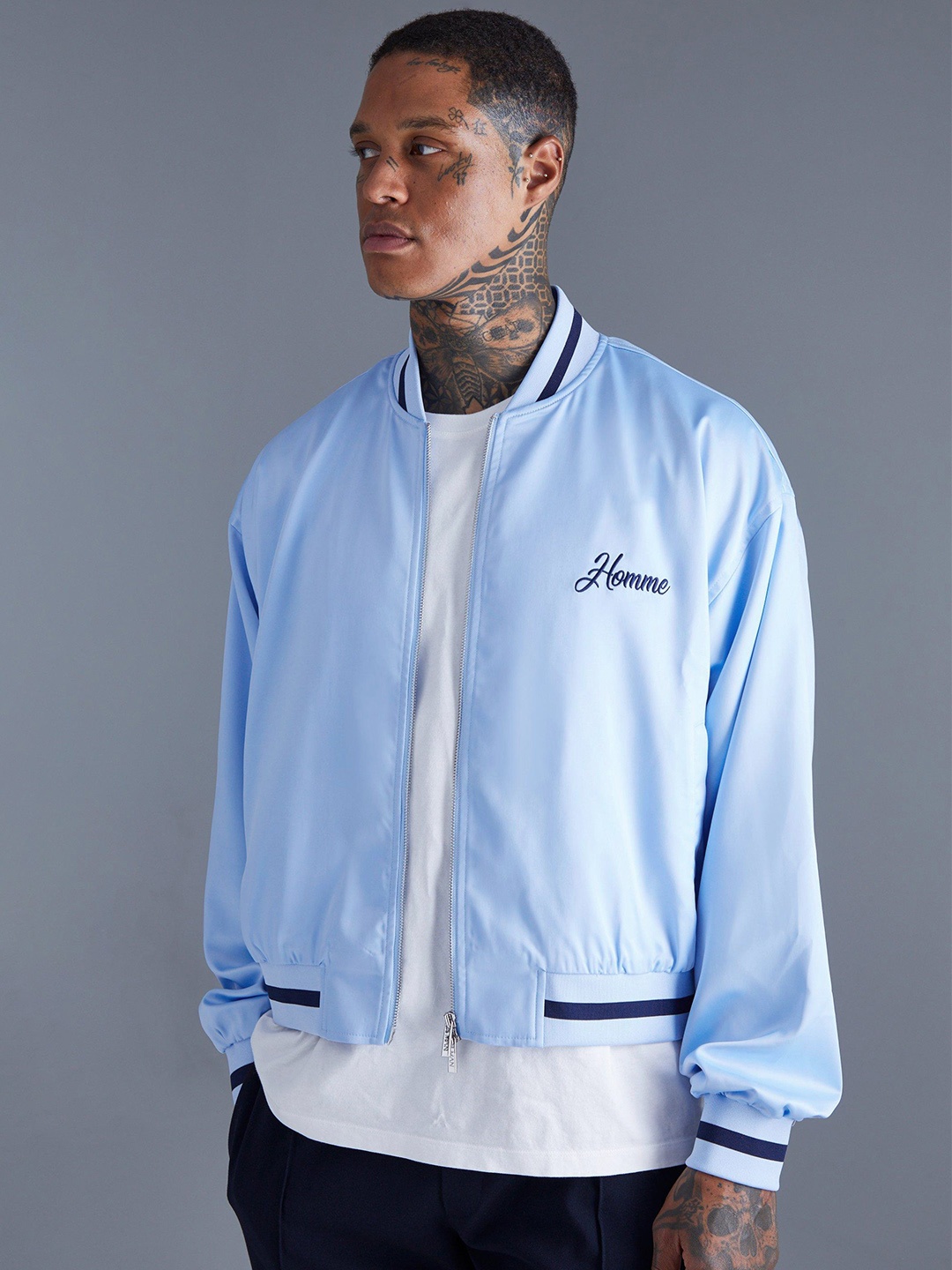 

boohooMAN Homme Boxy Satin Souvenir Varsity Jacket, Blue
