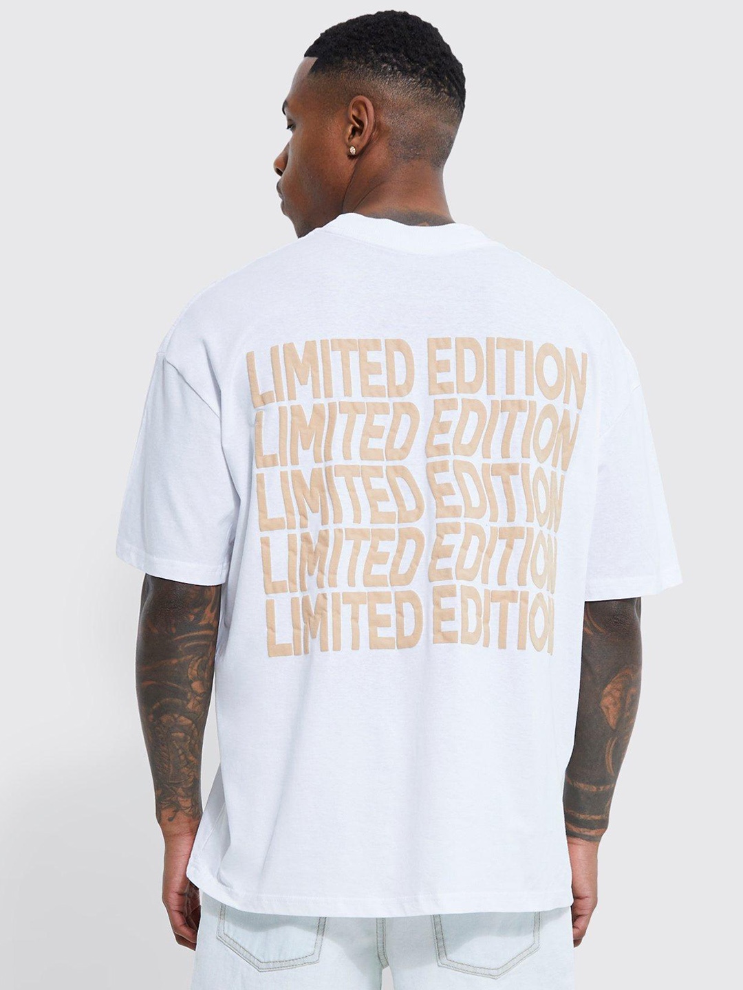 

boohooMAN Brand Logo Printed Drop-Shoulder Sleeves Oversized Pure Cotton T-shirt, White