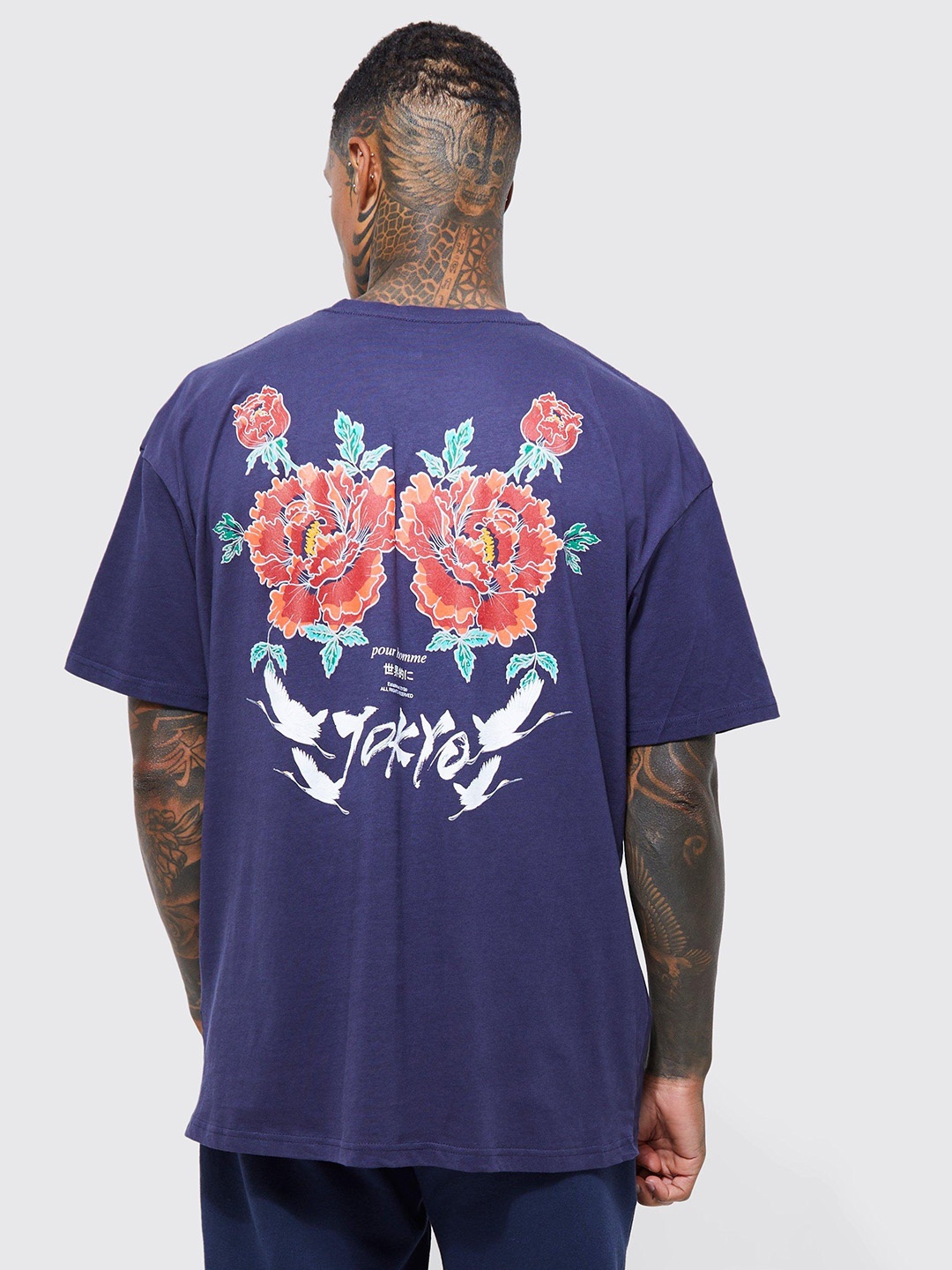 

boohooMAN Oversized Floral Printed Drop-Shoulder Sleeves Pure Cotton T-shirt, Blue