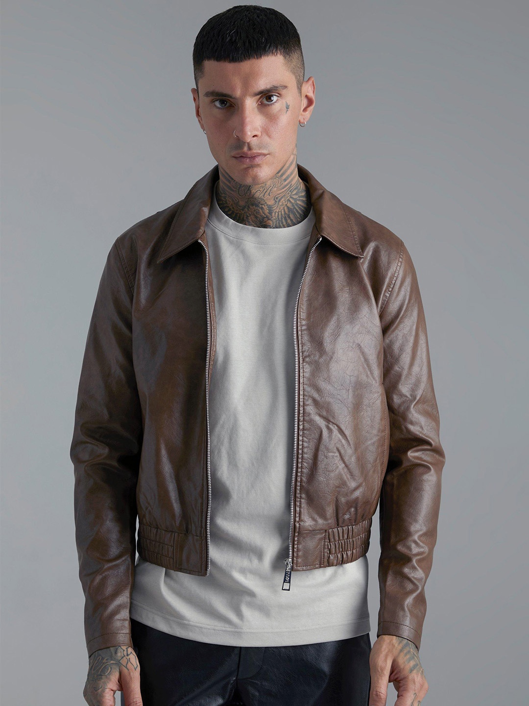 

boohooMAN Textured PU Biker Jacket, Coffee brown