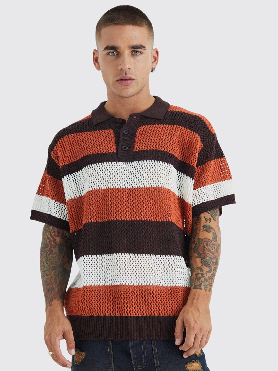 

boohooMAN Oversized Crochet Open-Knit Acrylic Pullover, Brown