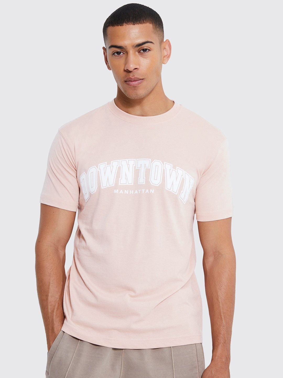 boohooMAN Typography Printed Pure Cotton Oversized T-shirt, Pink