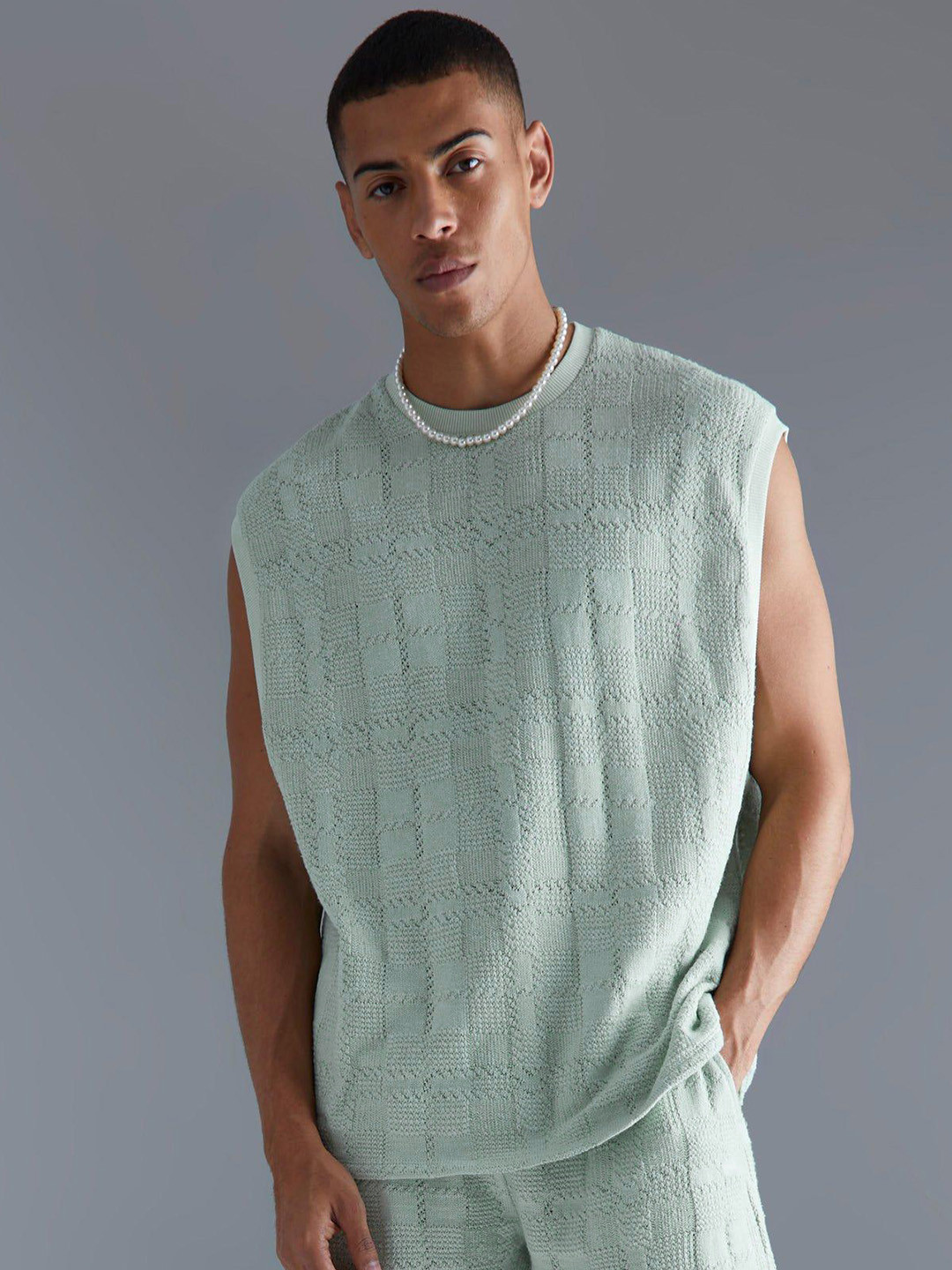 

boohooMAN Oversized Knitted Tank T-shirt, Green