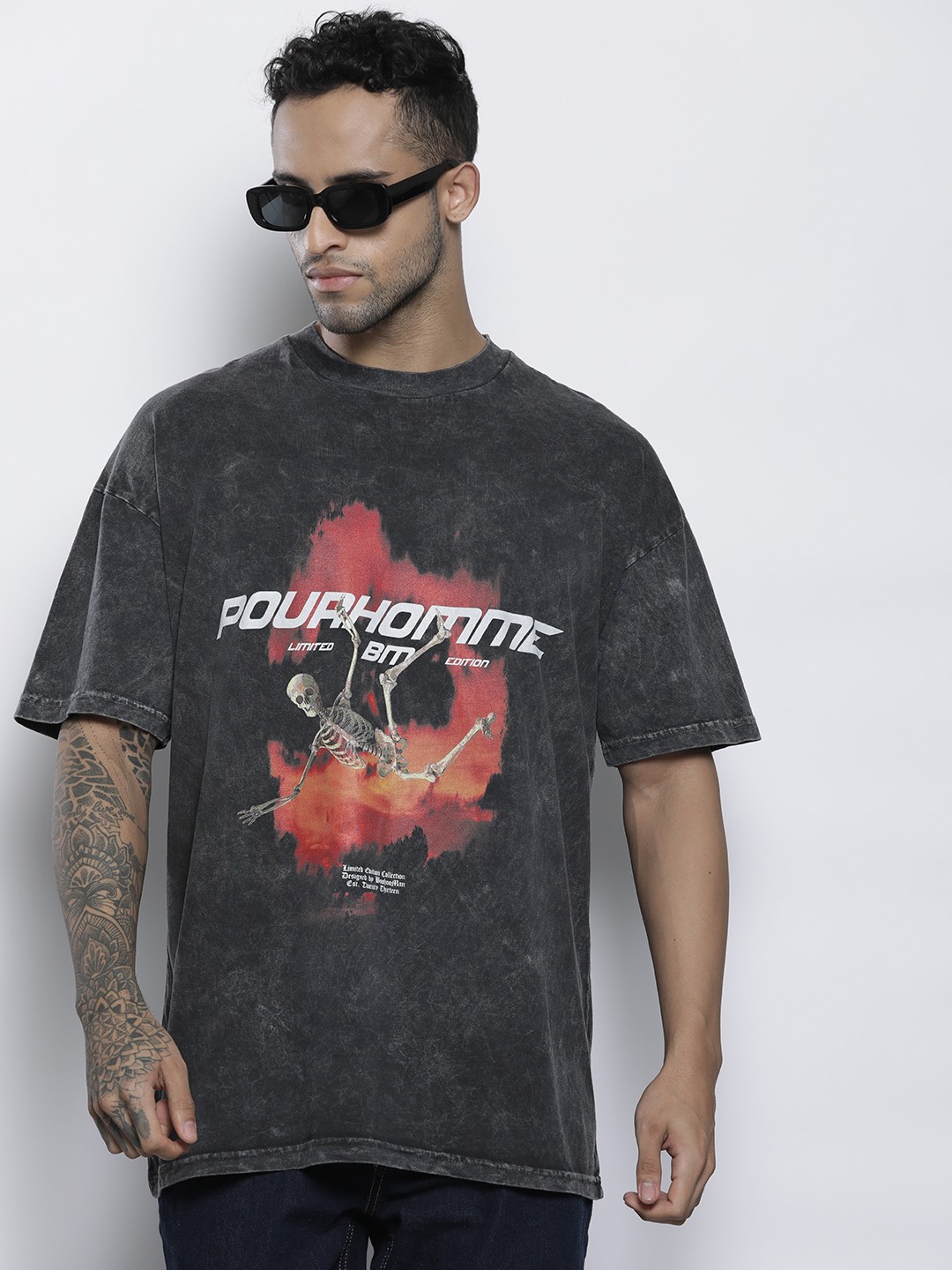 

boohooMAN Printed Acid Wash Pure Cotton Oversized T-shirt, Charcoal