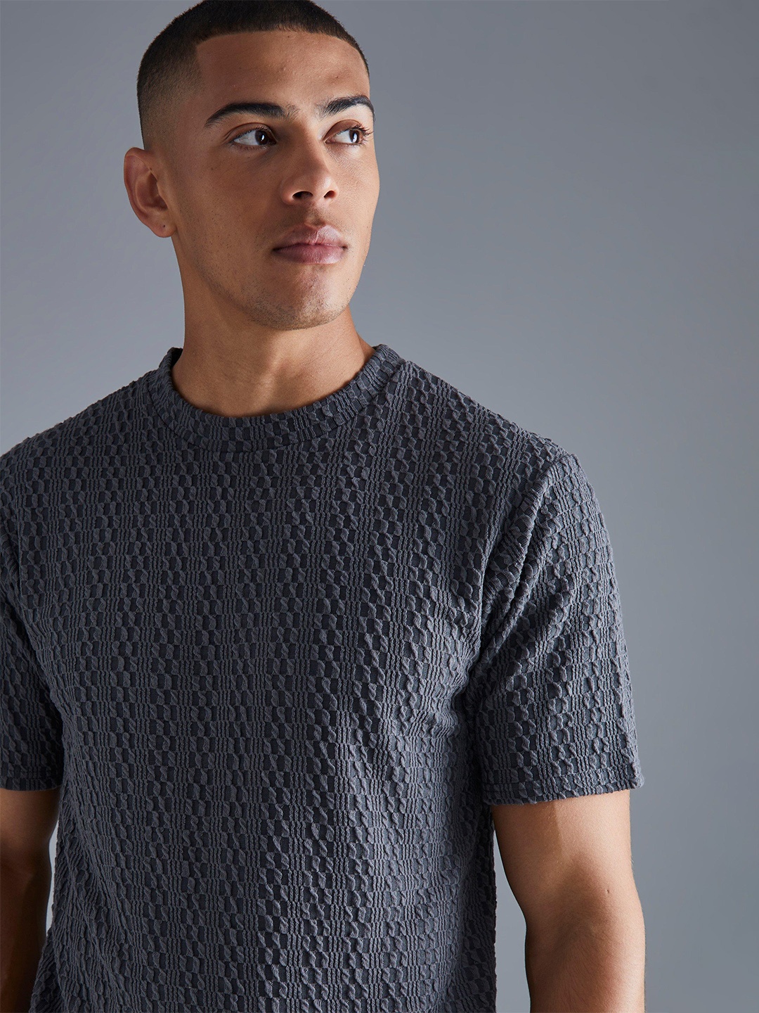 

boohooMAN Textured Knitted Slim Fit T-shirt, Charcoal