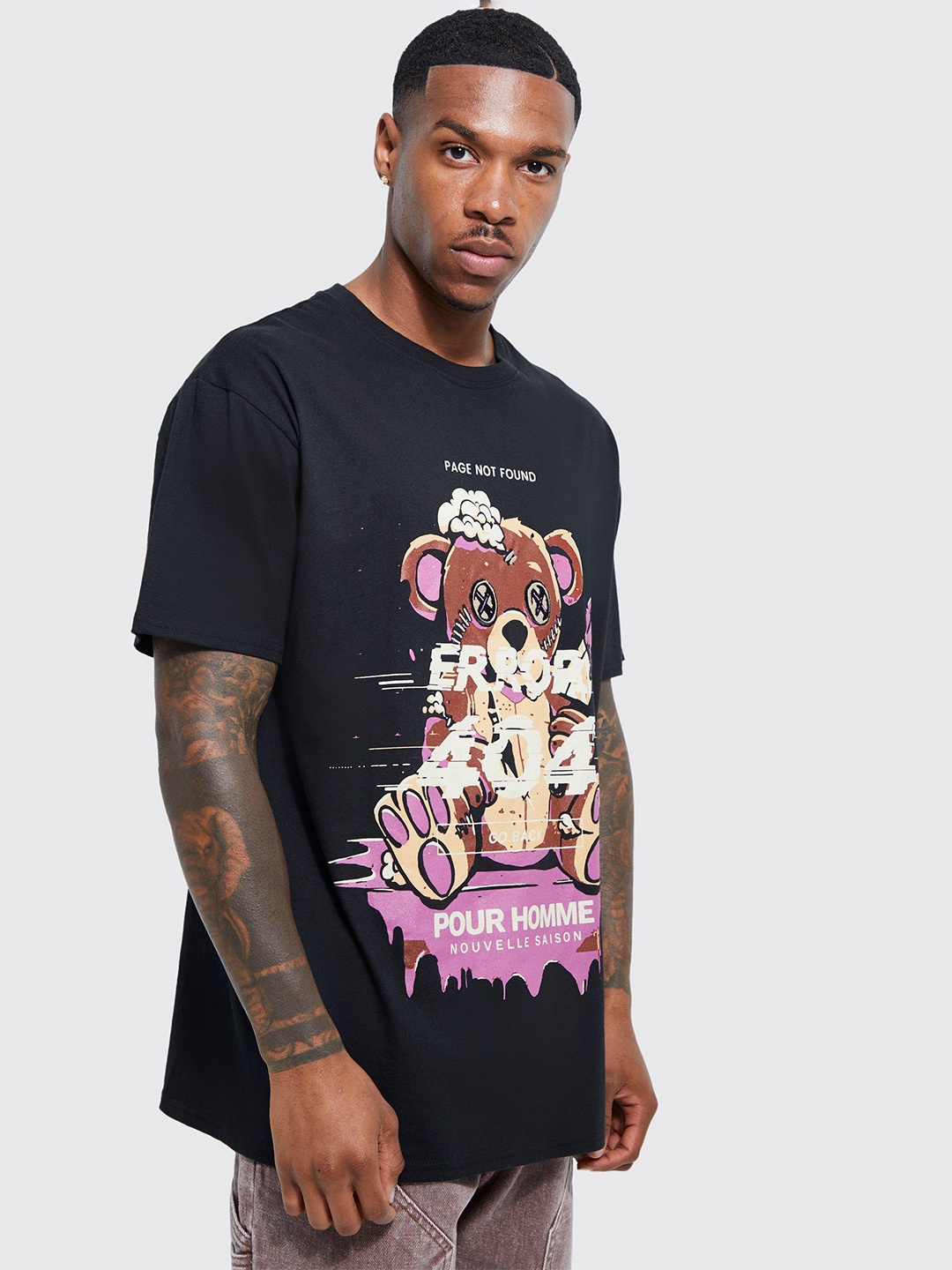 

boohooMAN Printed Drop-Shoulder Sleeves Pure Cotton Oversized T-shirt, Black
