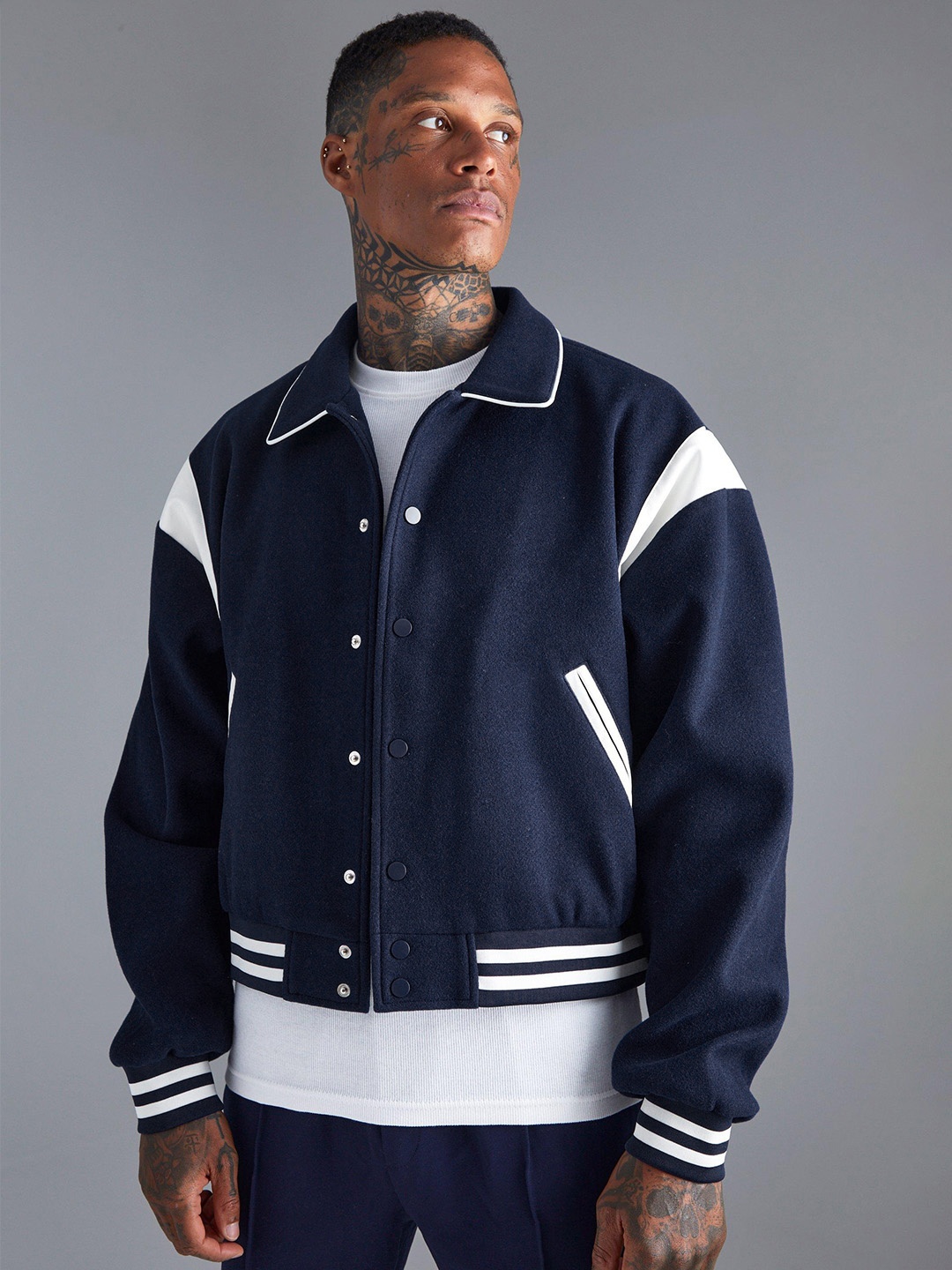 

boohooMAN Boxy Melton Varsity Jacket With Contrast Trims, Navy blue