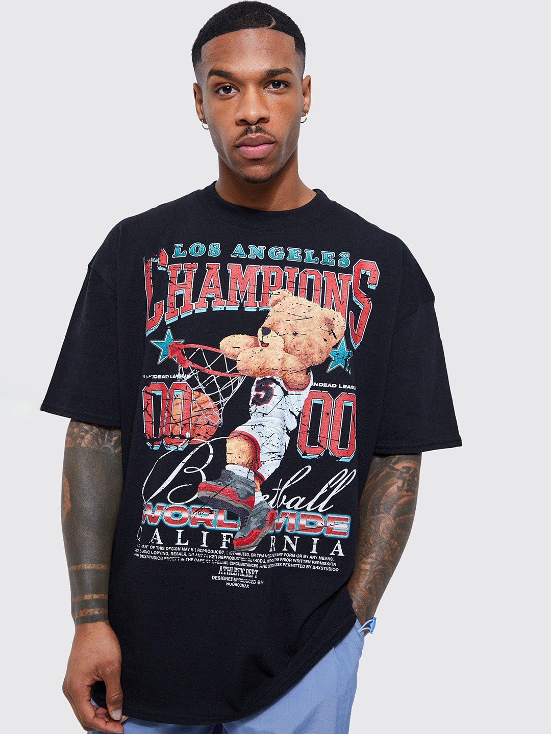 

boohooMAN Printed Drop-Shoulder Sleeves Pure Cotton T-shirt, Black