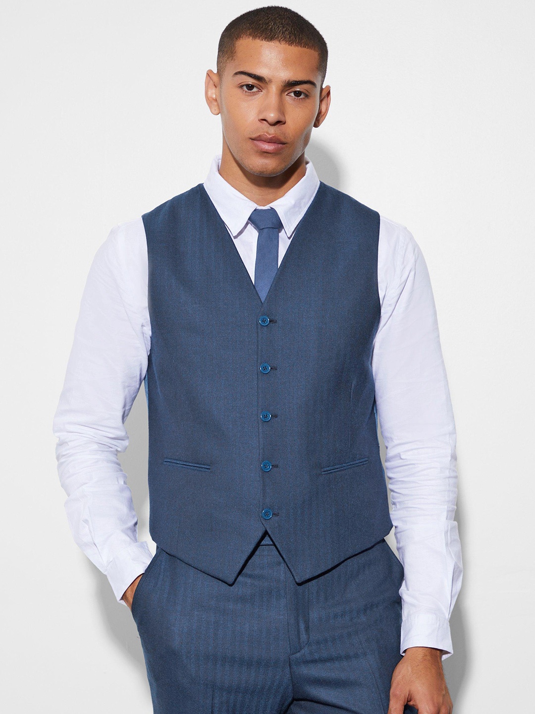 

boohooMAN Slim Fit Herringbone Patterned Formal Waistcoat, Navy blue