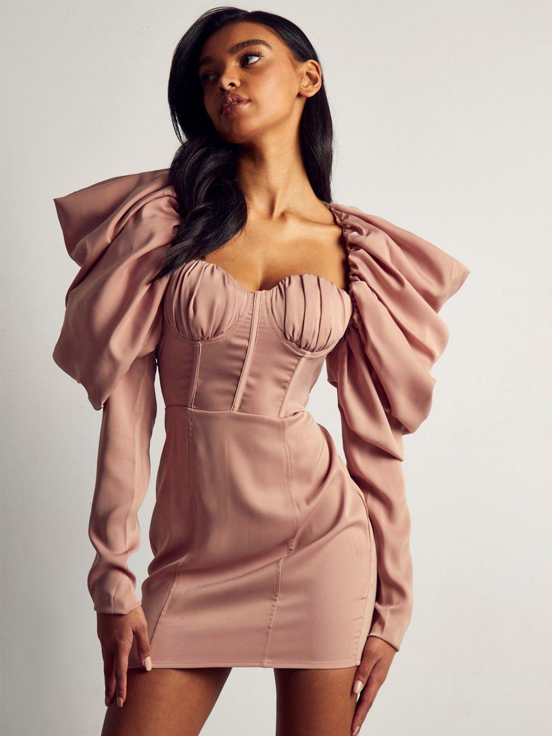 

MISSPAP Power Shoulder Satin Finish Bodycon Mini Dress, Rose