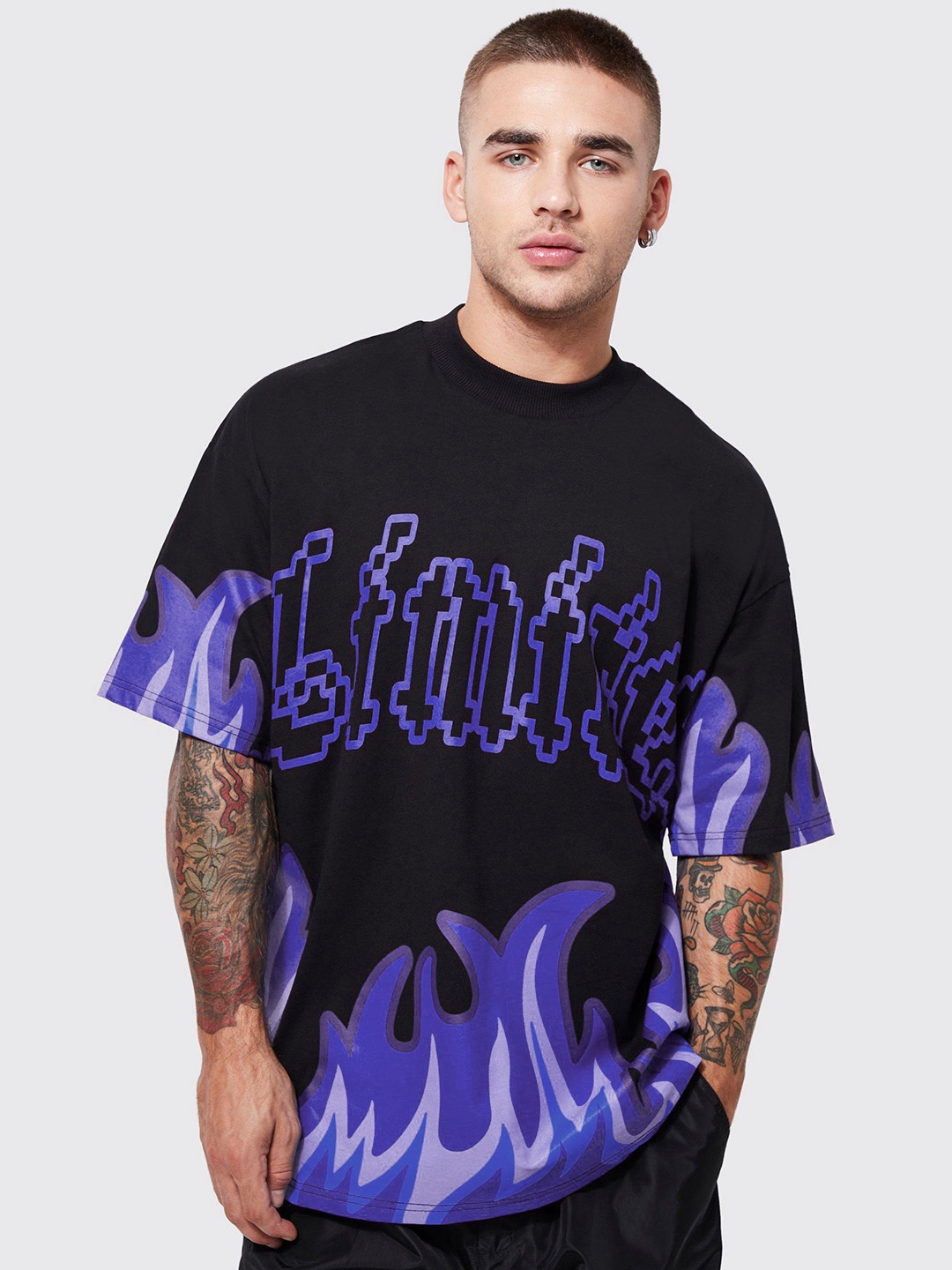 boohooMAN Printed Drop-Shoulder Sleeves Pure Cotton Oversized T-shirt, Black