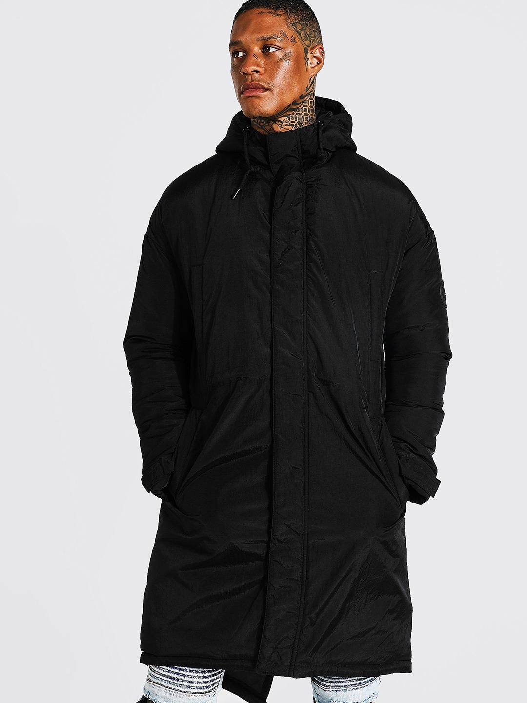 

boohooMAN Hooded Longline Padded Jacket, Black