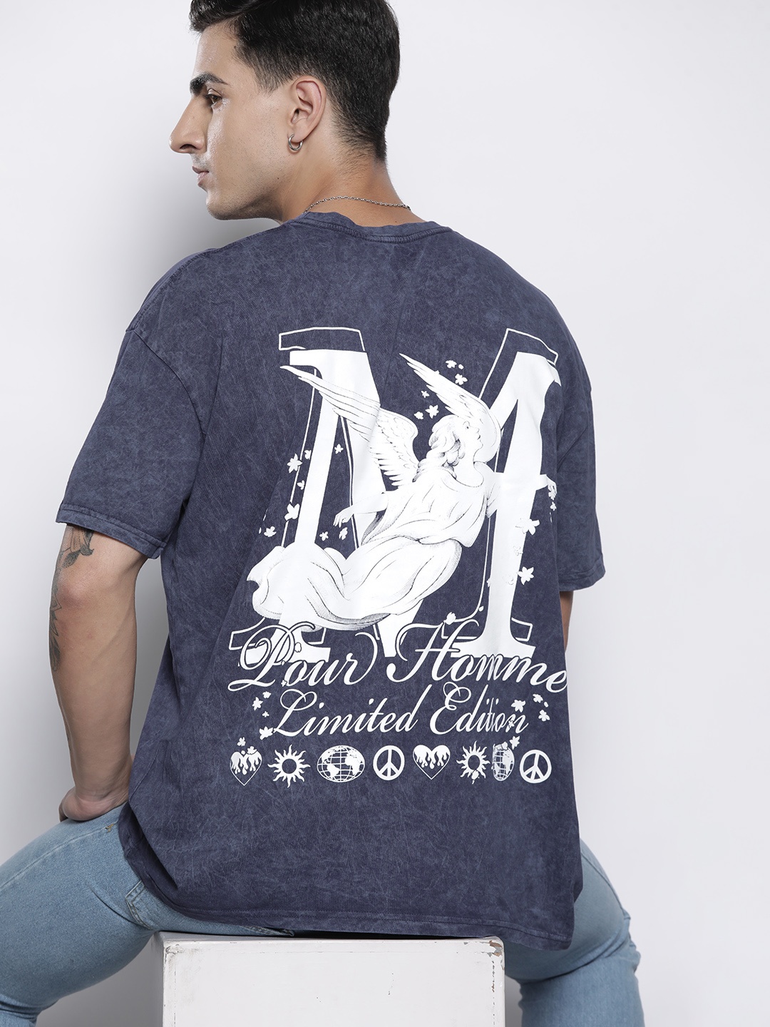 

boohooMAN Printed Oversized Pure Cotton T-shirt, Navy blue