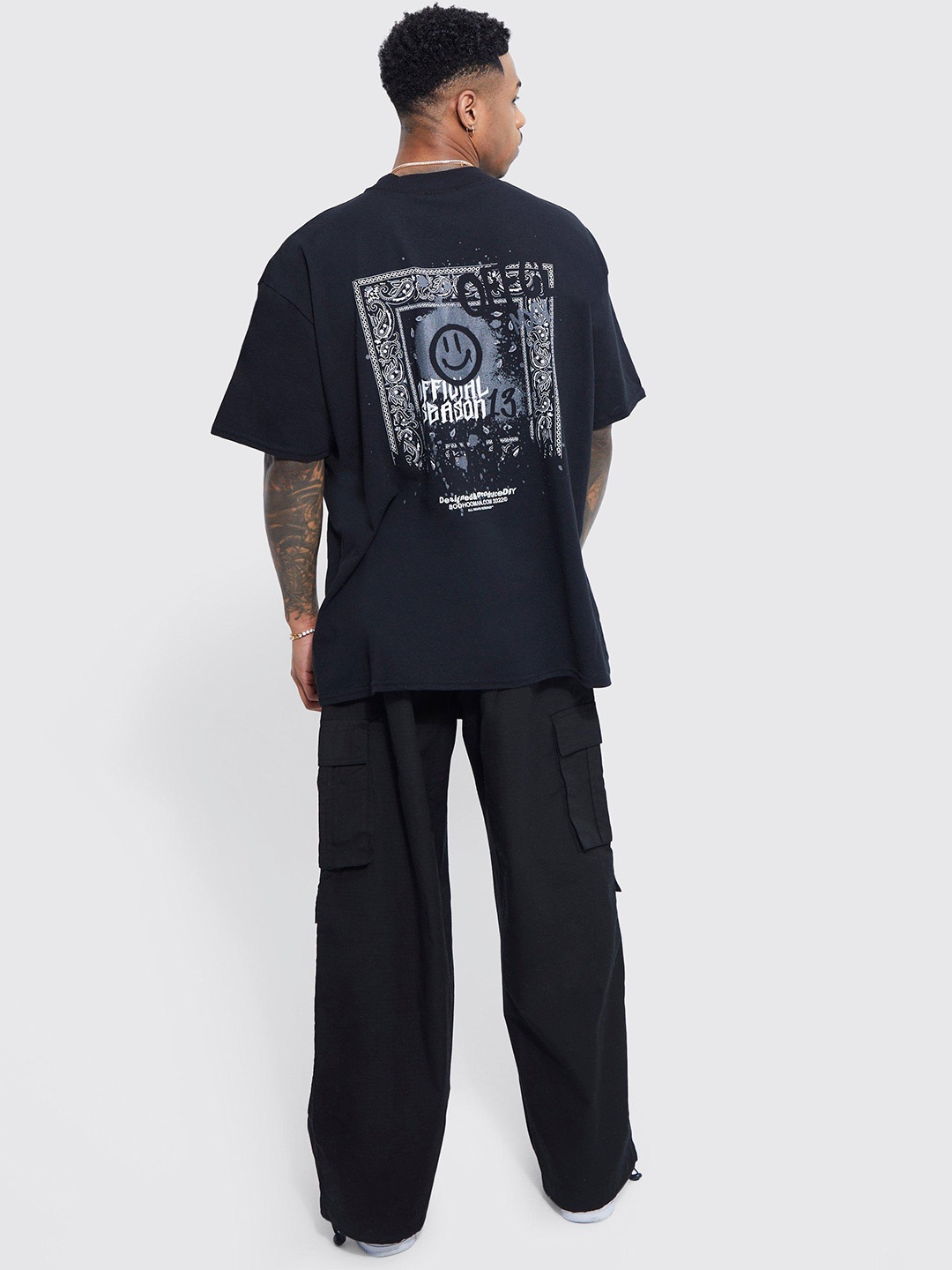 

boohooMAN Printed Oversized Pure Cotton T-shirt, Black