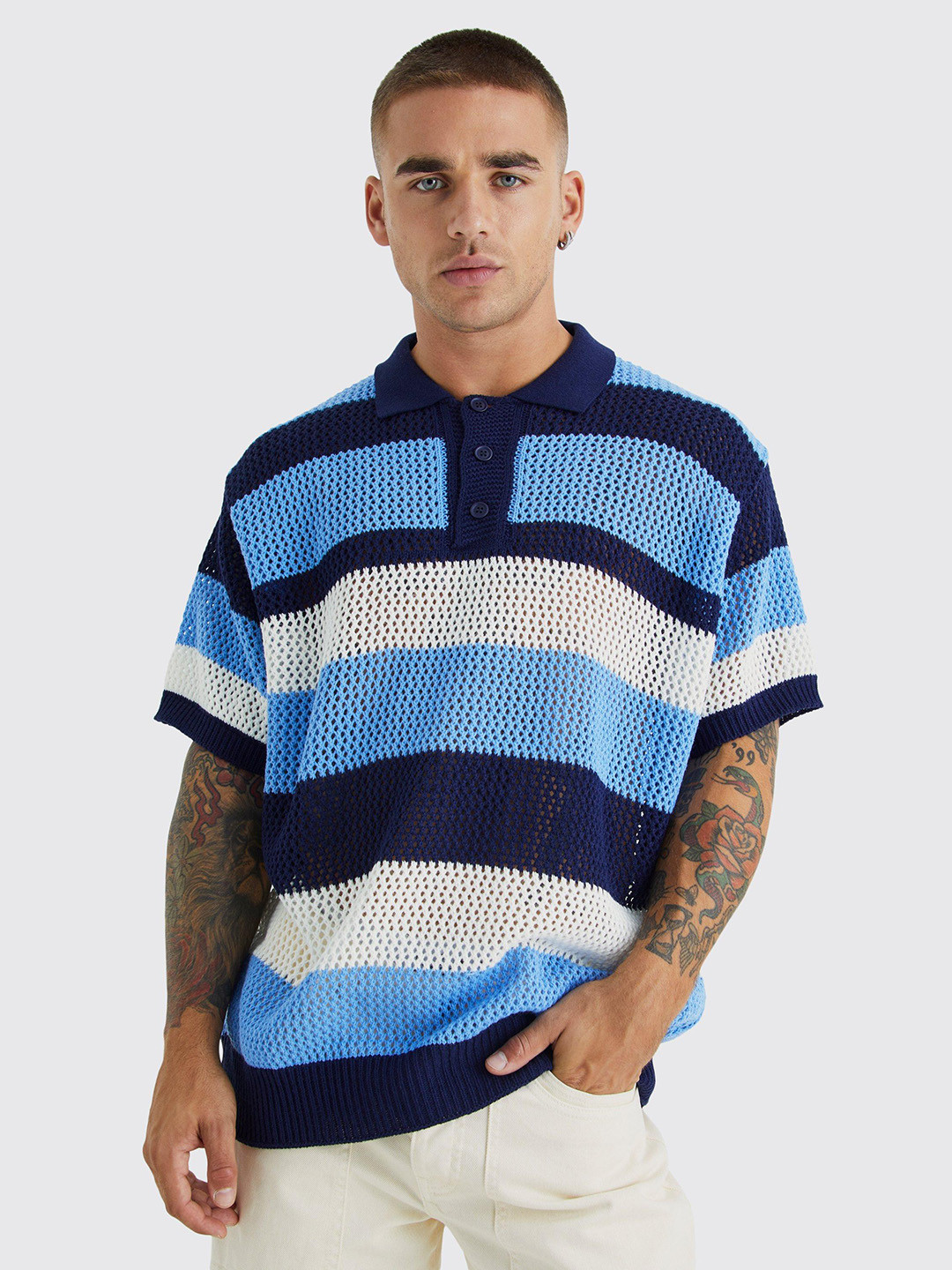

boohooMAN Oversized Polo Collar Crochet Open-Knit Striped Acrylic Pullover, Blue