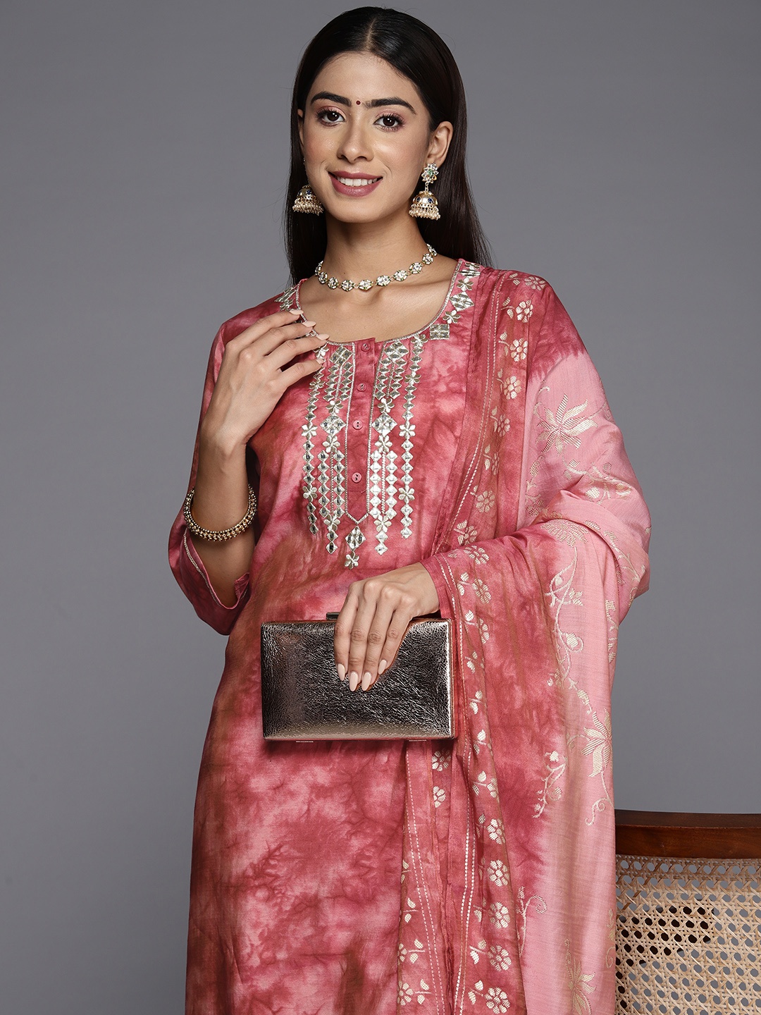 

Libas Women Printed Regular Mirror Work Kurta with Trousers & With Dupatta, Coral