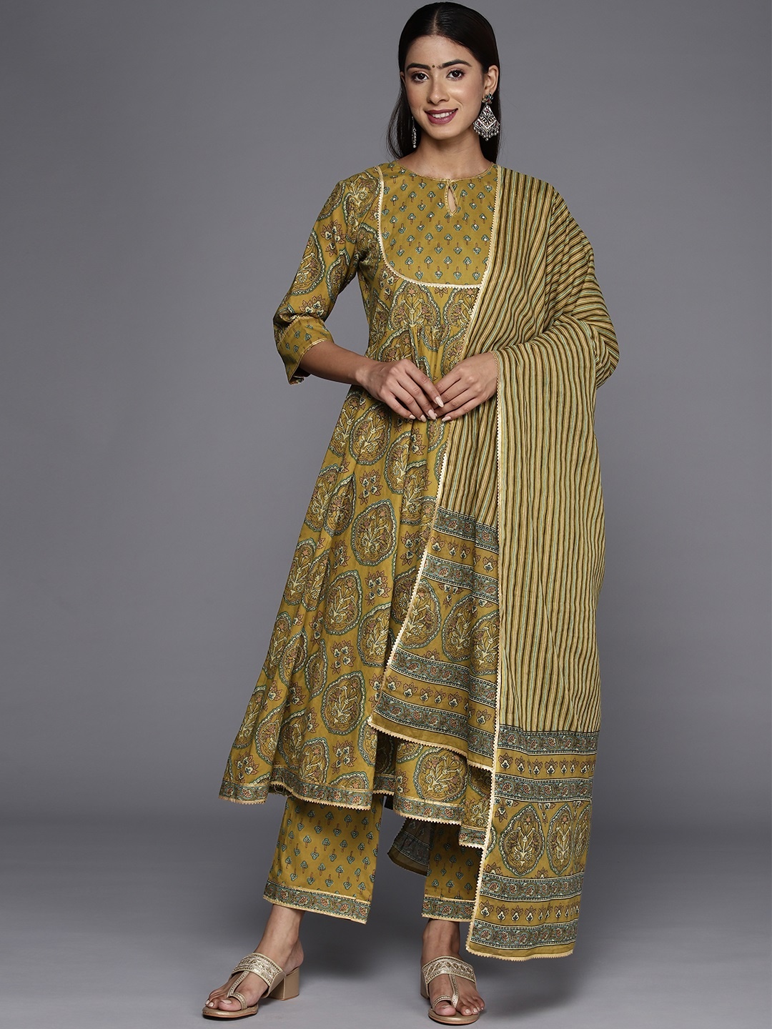 

Libas Women Ethnic Motifs Printed Panelled Gotta Patti Kurta with Trousers & With Dupatta, Mustard