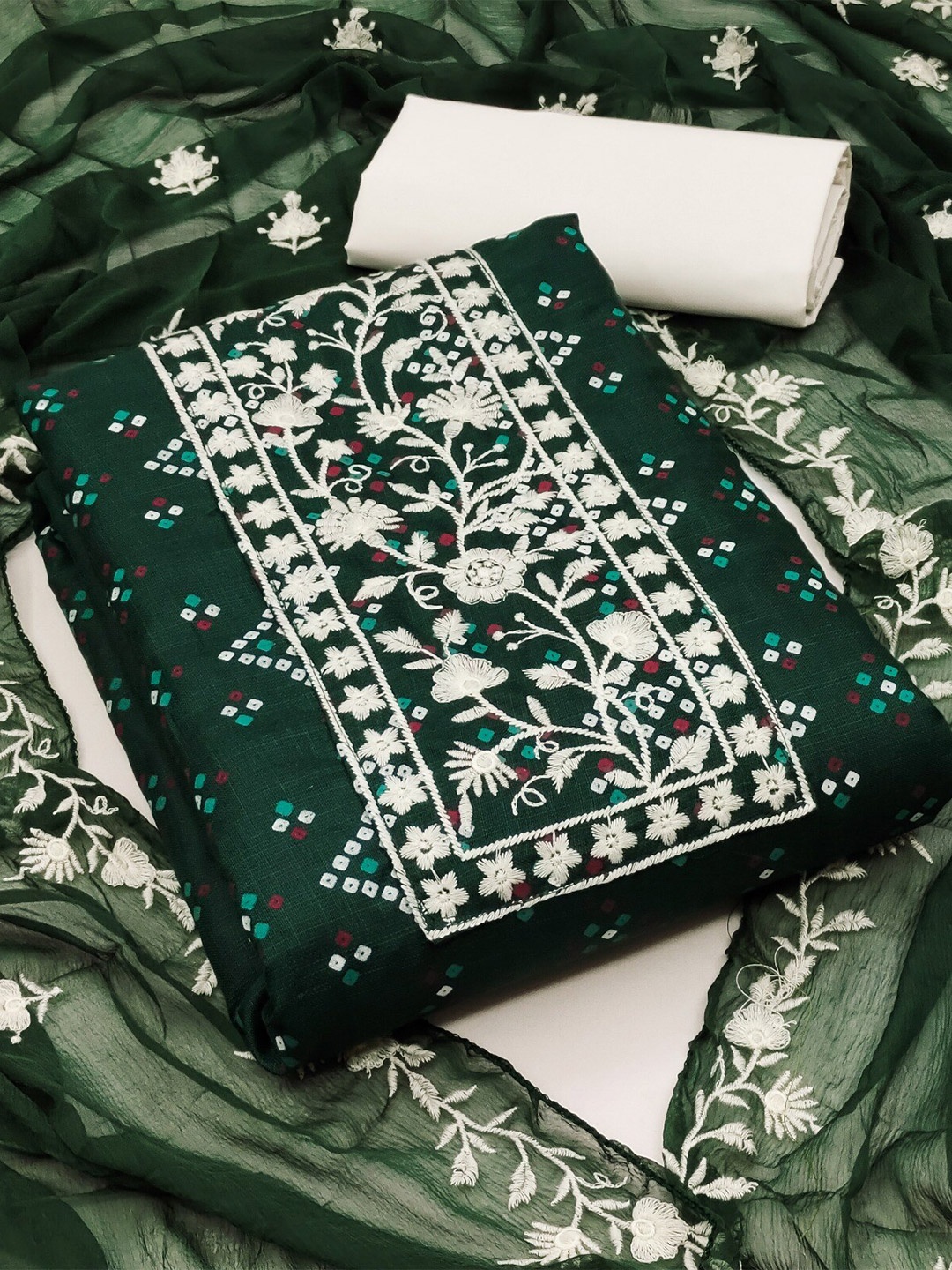 

ZEEPKART Floral Embroidered Silk Georgette Unstitched Dress Material, Green