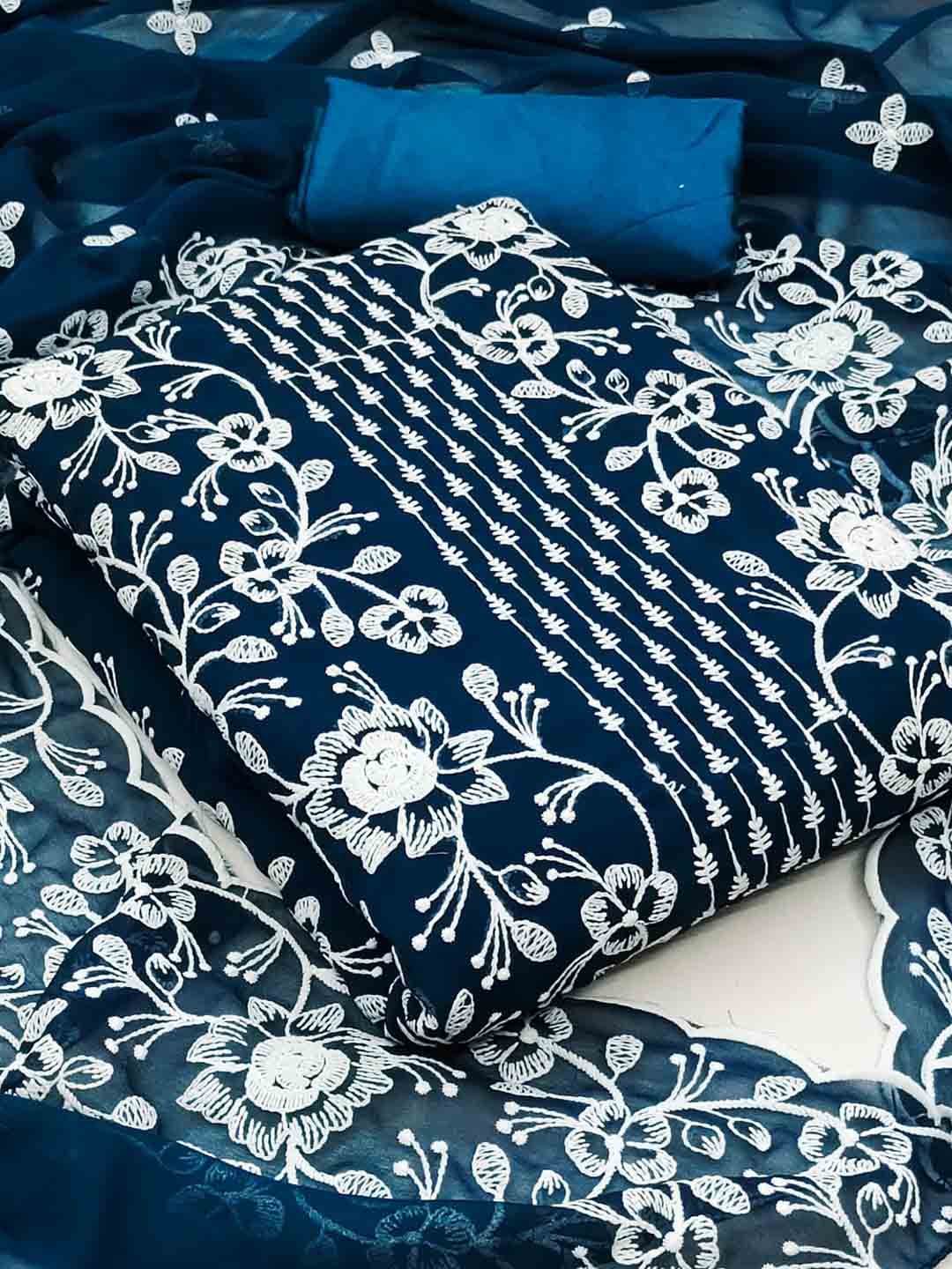 

ZEEPKART Floral Embroidered Silk Georgette Unstitched Dress Material, Blue