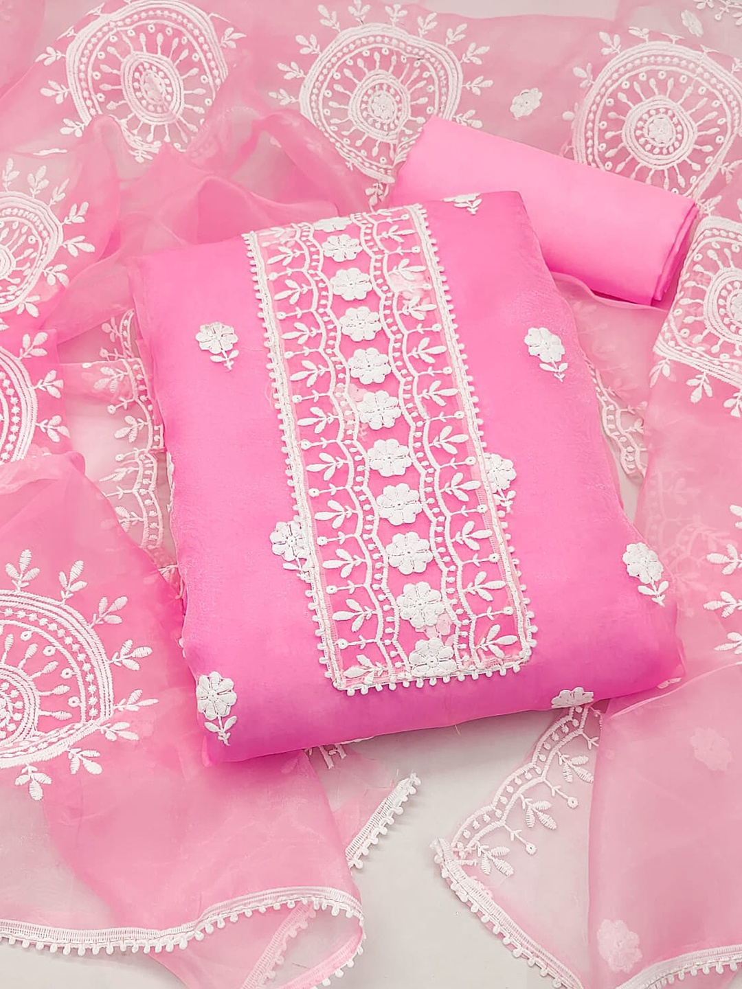 

ZEEPKART Floral Embroidered Organza Unstitched Dress Material, Pink