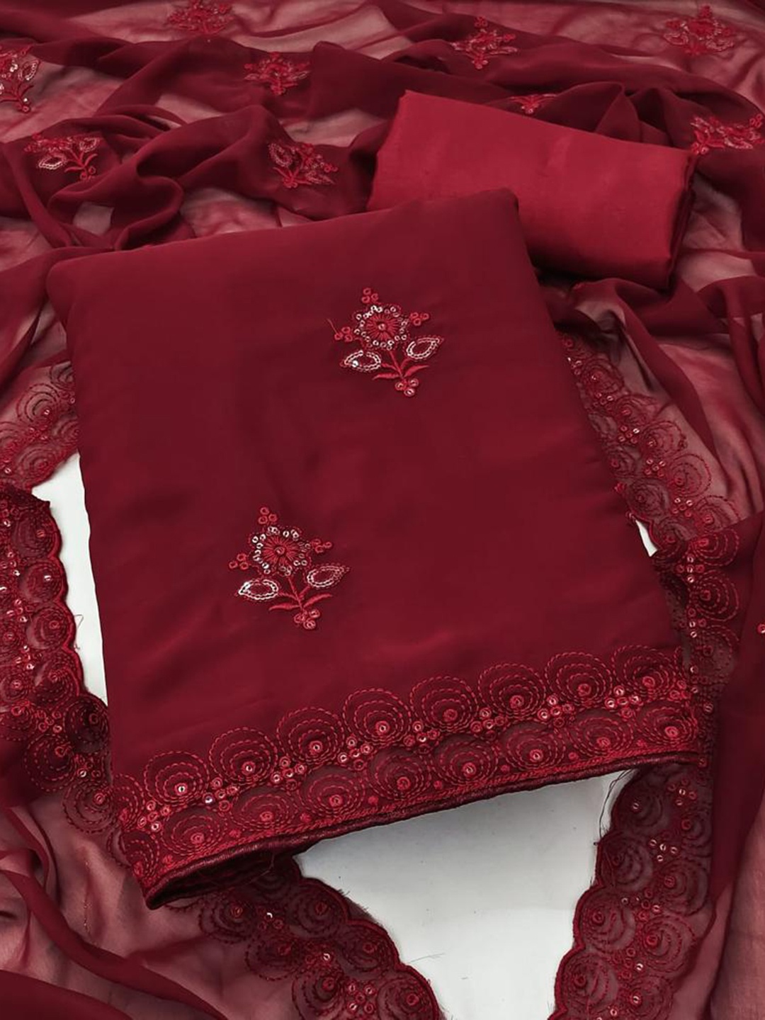 

ZEEPKART Silk Georgette Unstitched Dress Material, Red