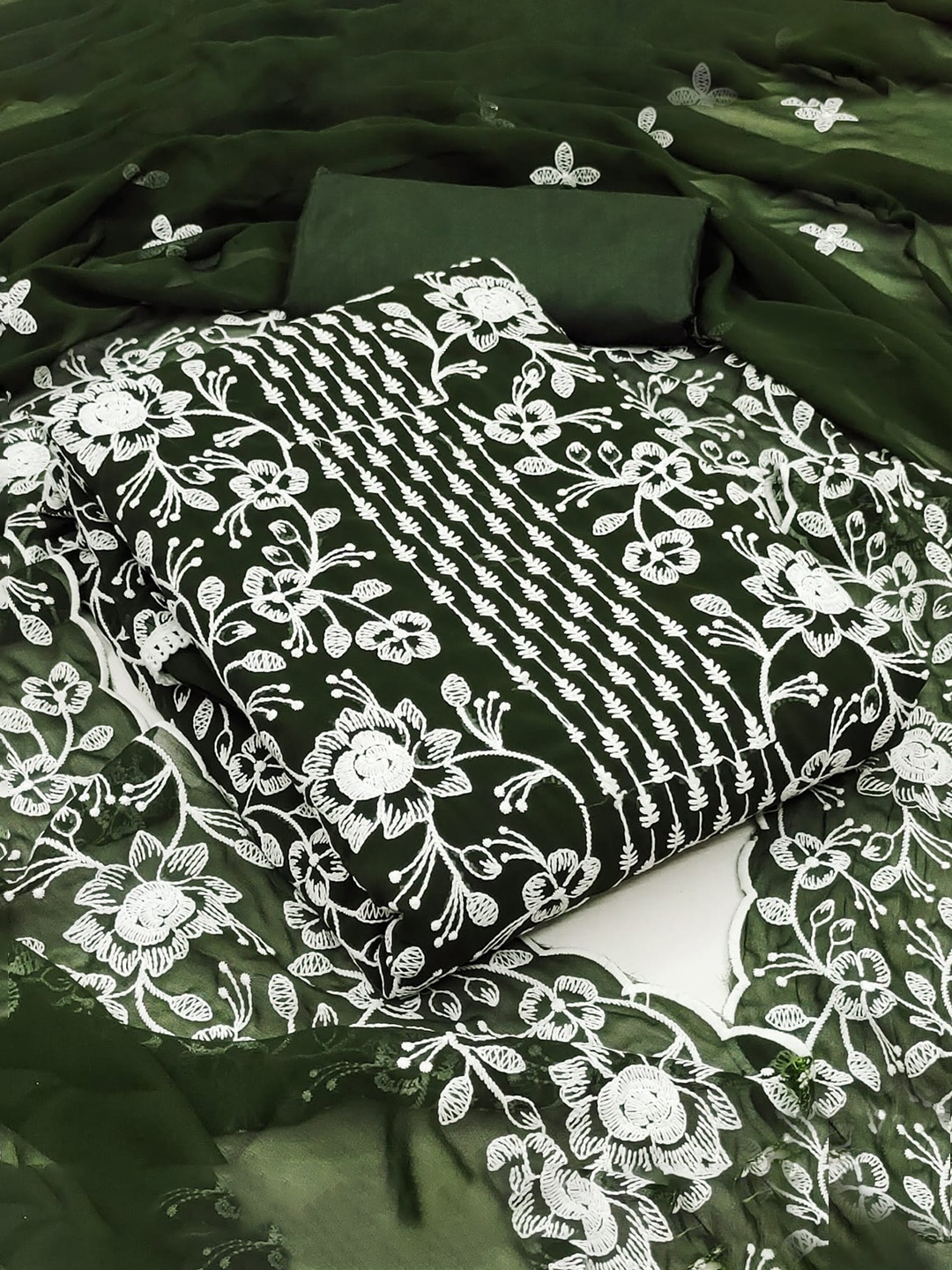 ZEEPKART Floral Embroidered Silk Georgette Unstitched Dress Material, Green