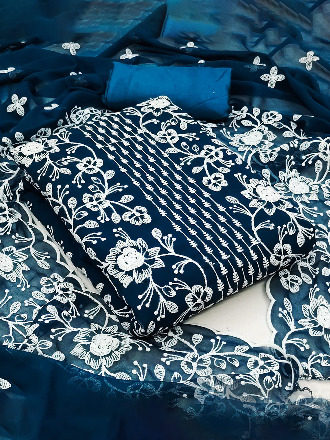 

ZEEPKART Floral Embroidered Silk Georgette Unstitched Dress Material, Blue