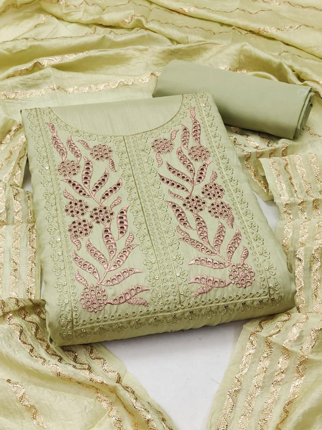 

ZEEPKART Ethnic Motifs Embroidered Unstitched Dress Material, Green