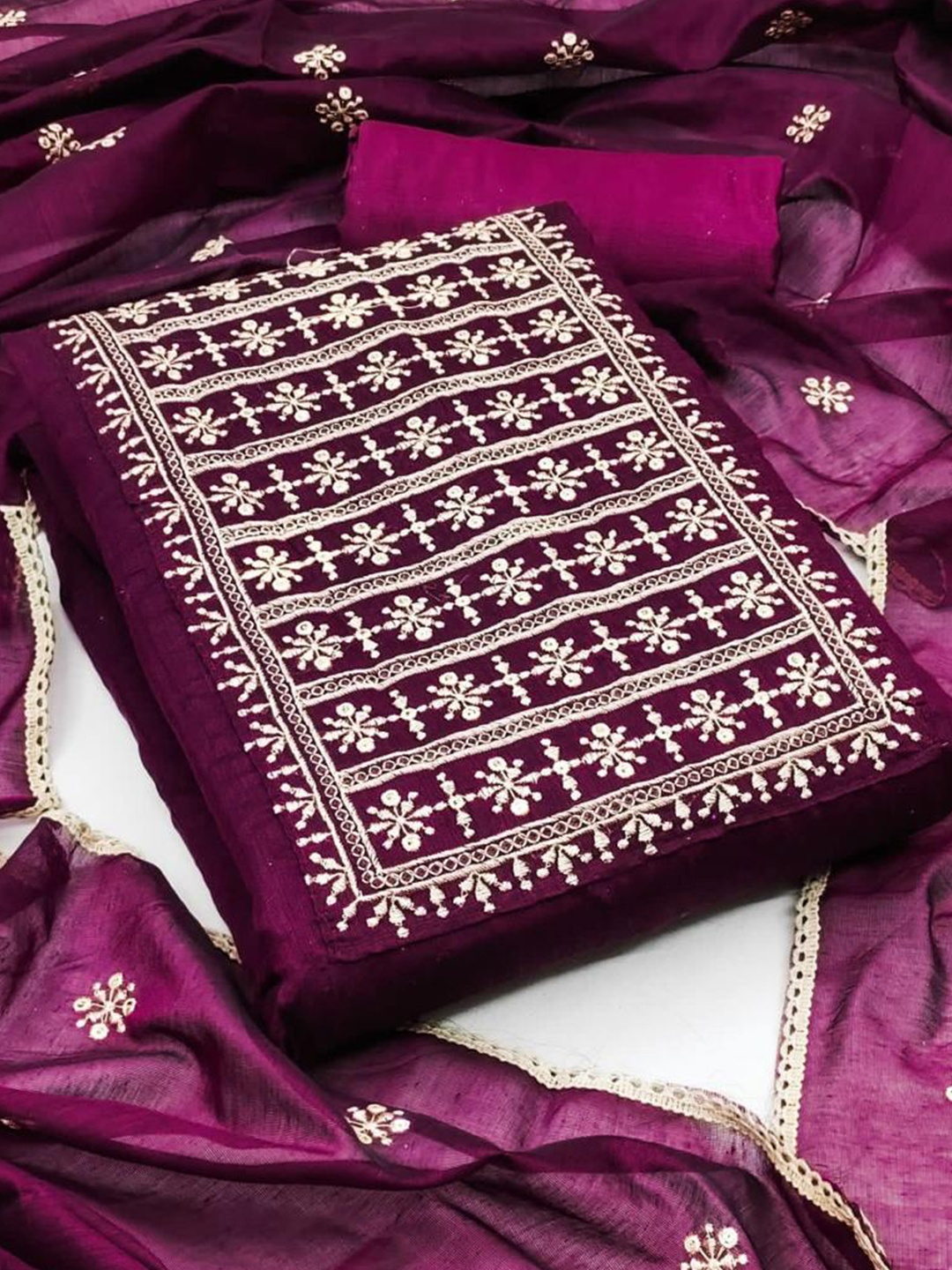 

ZEEPKART Ethnic Motifs Embroidered Unstitched Dress Material, Purple
