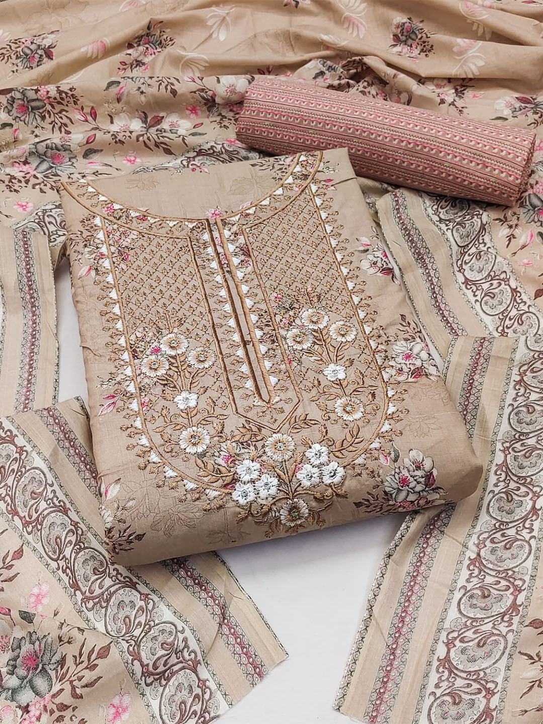 

ZEEPKART Floral Embroidered Unstitched Dress Material, Camel brown