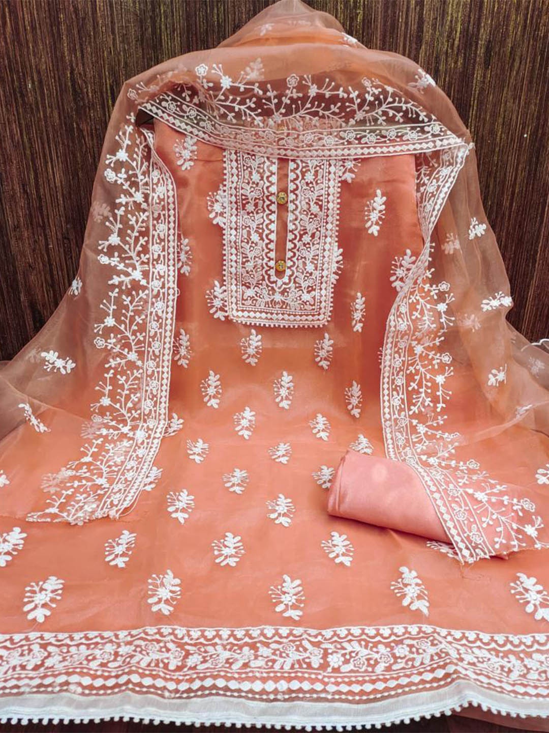 

ZEEPKART Ethnic Motifs Embroidered Organza Unstitched Dress Material, Orange