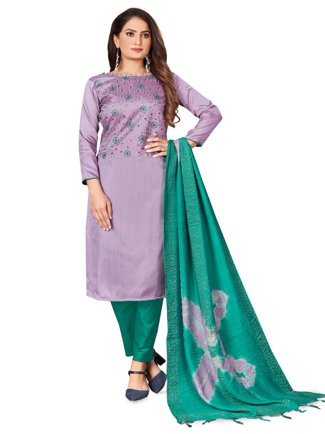 

ZEEPKART Floral Embroidered Unstitched Dress Material, Purple