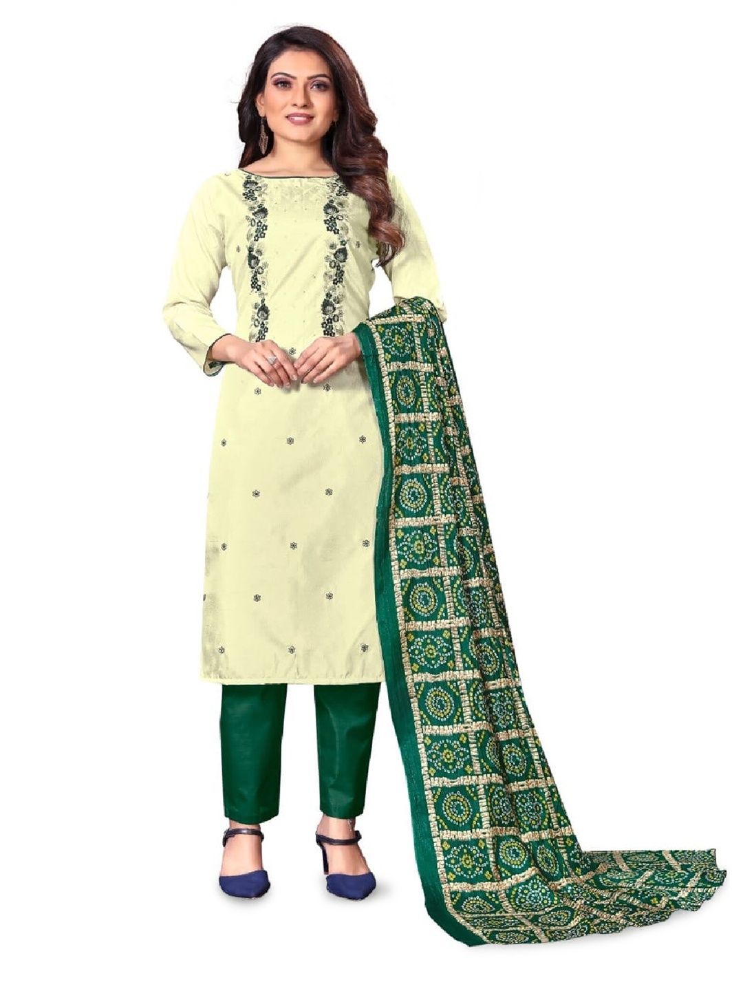

ZEEPKART Floral Embroidered Unstitched Dress Material, Cream