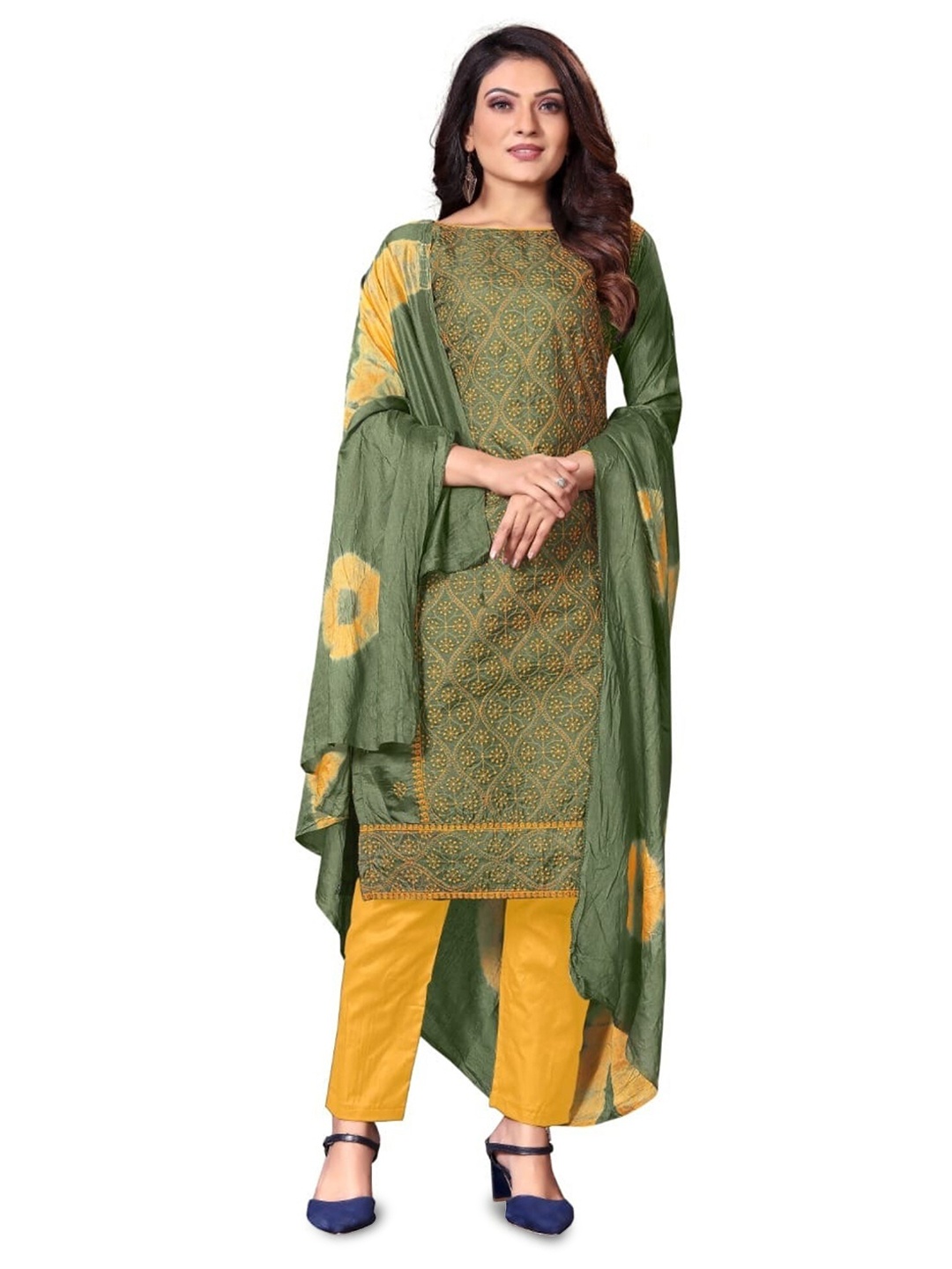

ZEEPKART Floral Embroidered Unstitched Dress Material, Green