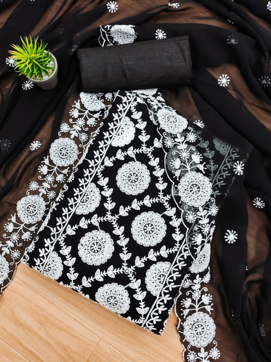 

ZEEPKART Floral Embroidered Silk Georgette Unstitched Dress Material, Black