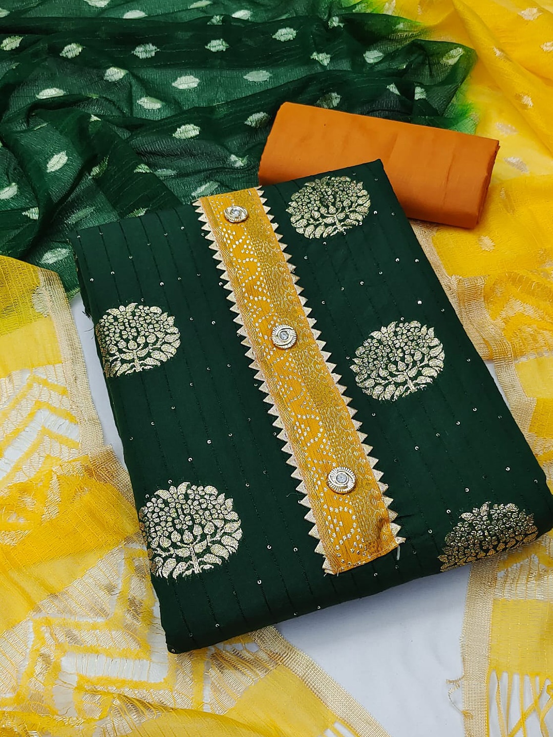 

ZEEPKART Ethnic Motifs Woven Design Unstitched Dress Material, Green