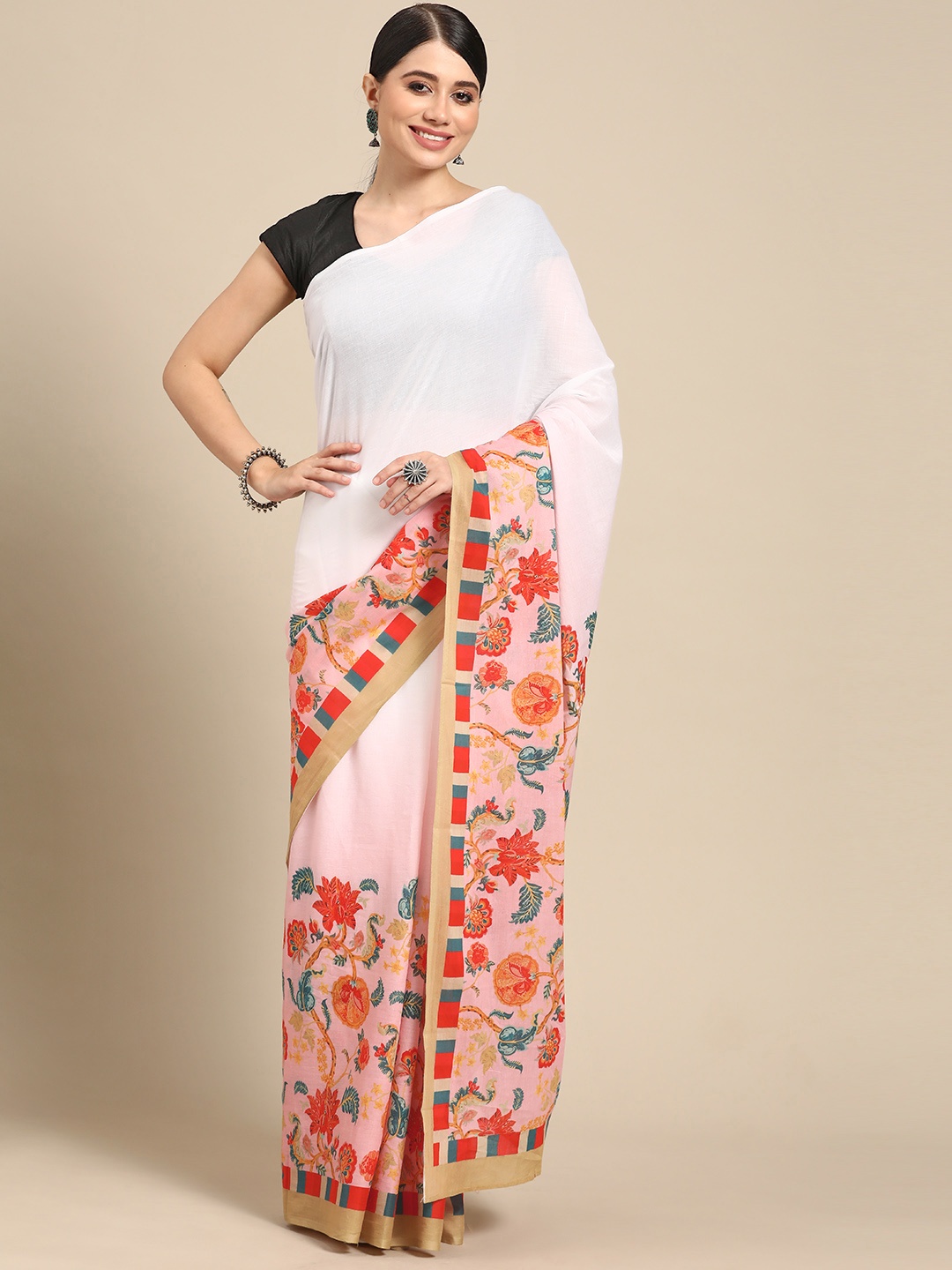

BUTA BUTI Floral Pure Cotton Saree, White