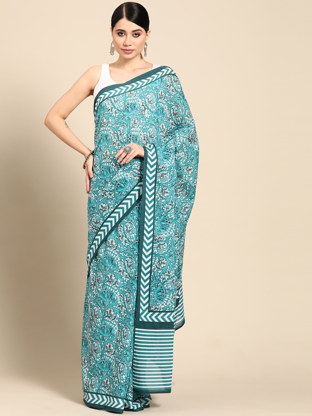 

BUTA BUTI Floral Pure Cotton Saree, Turquoise blue