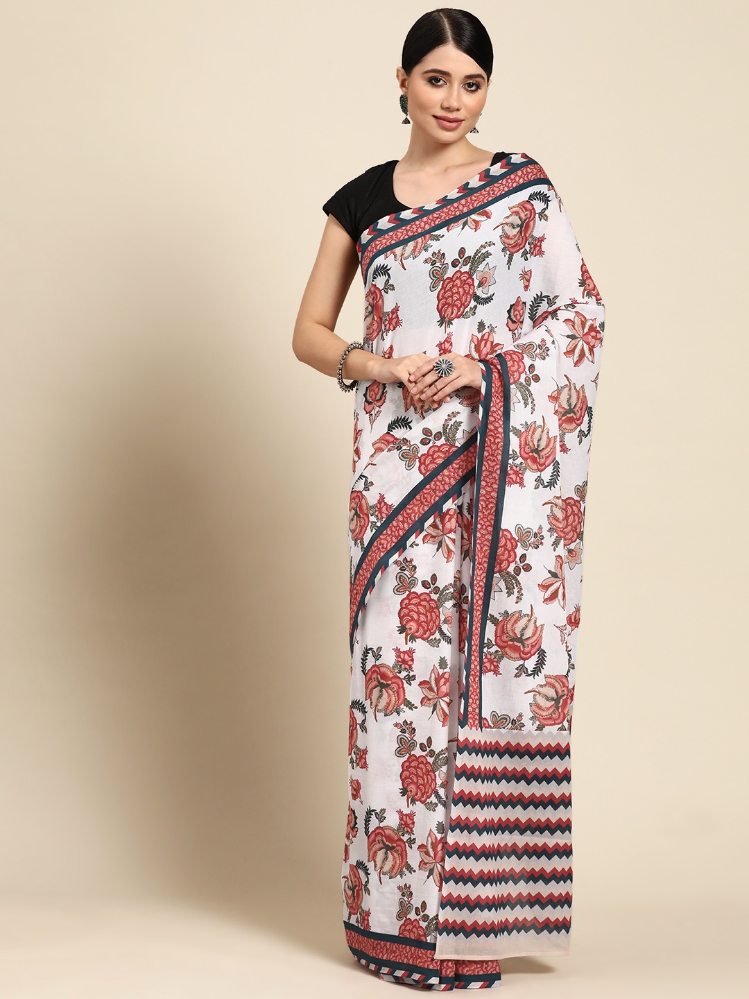 

BUTA BUTI Floral Pure Cotton Saree, White