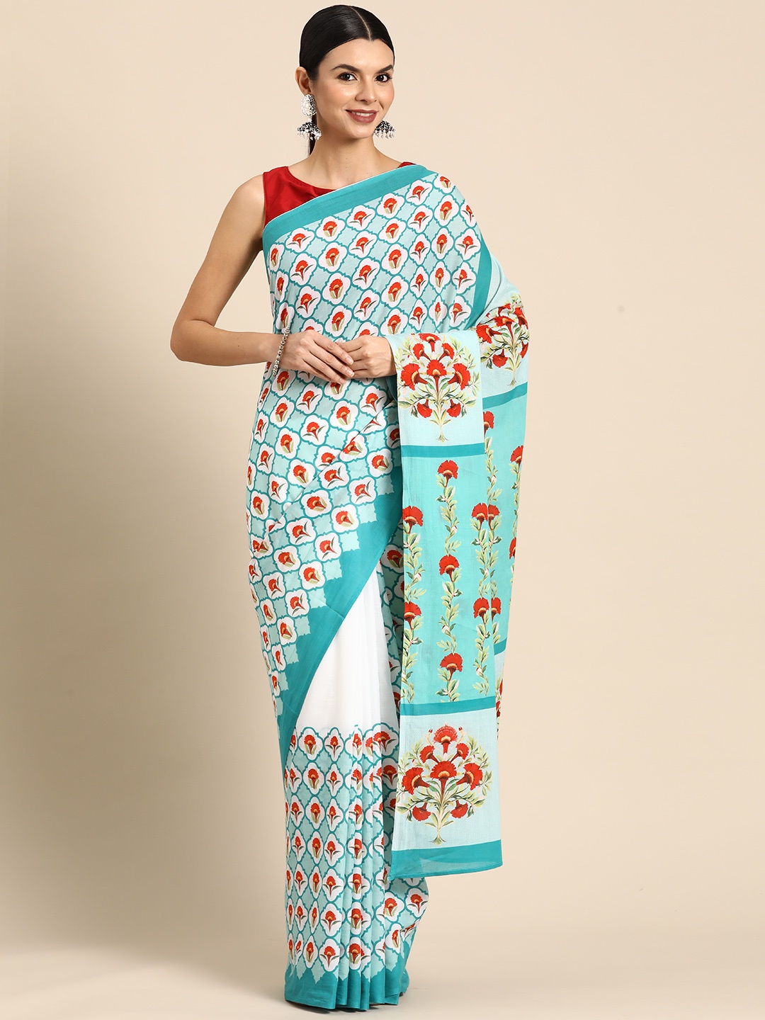 

BUTA BUTI Floral Pure Cotton Saree, Turquoise blue