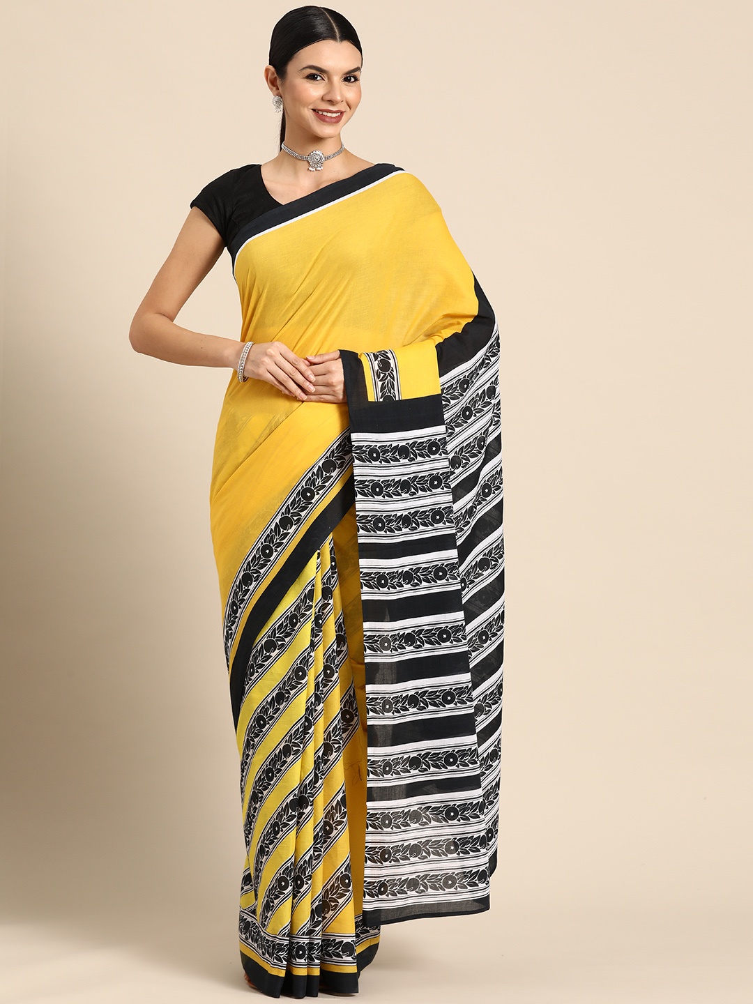 

BUTA BUTI Striped Pure Cotton Saree, Yellow