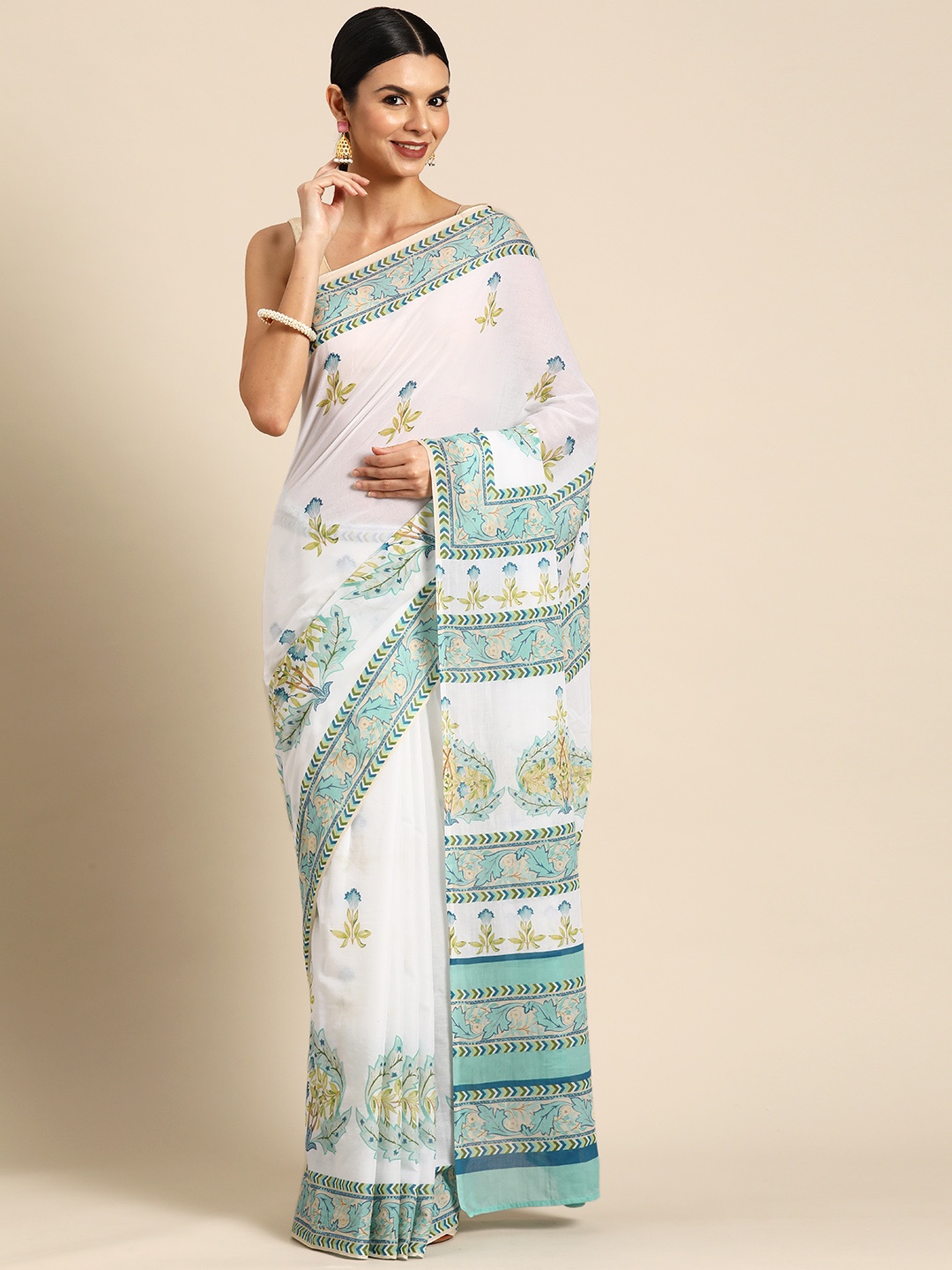 

BUTA BUTI Floral Pure Cotton Saree, White