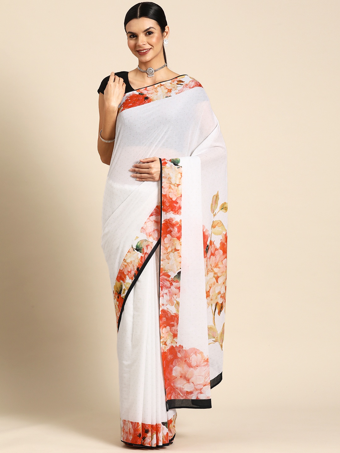 

BUTA BUTI Polka Dot Pure Cotton Saree, White